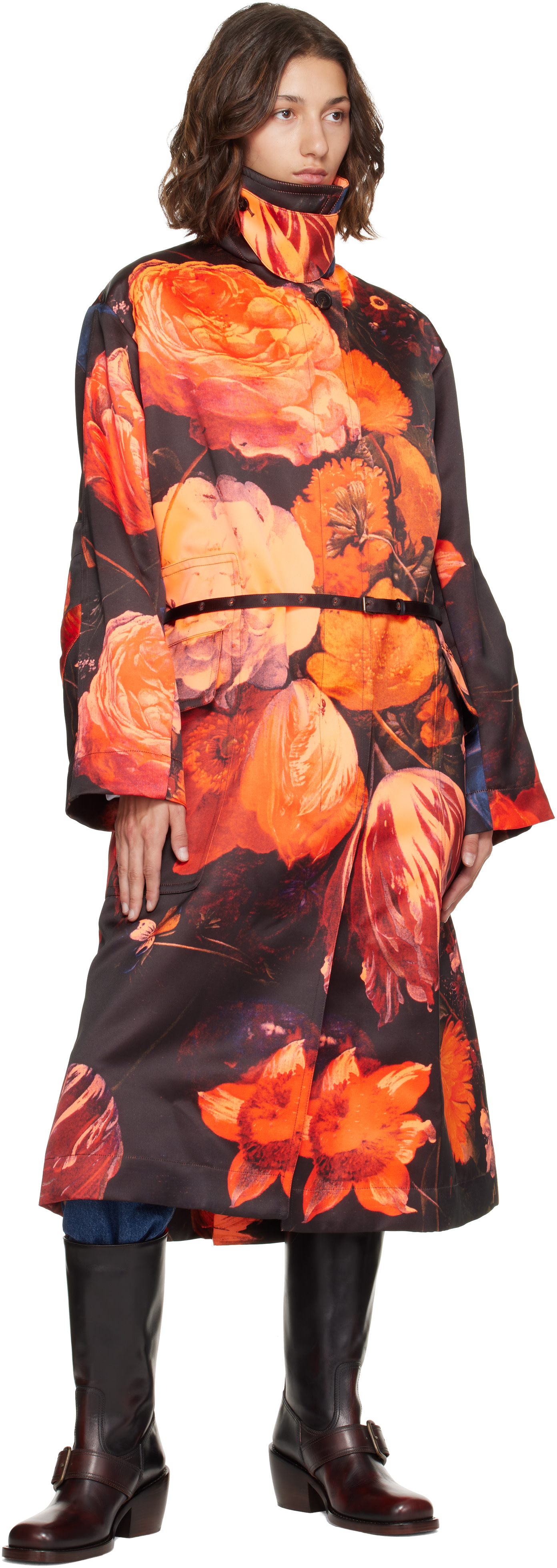 Dries Van Noten: Black & Orange Oversized Floral Coat | SSENSE