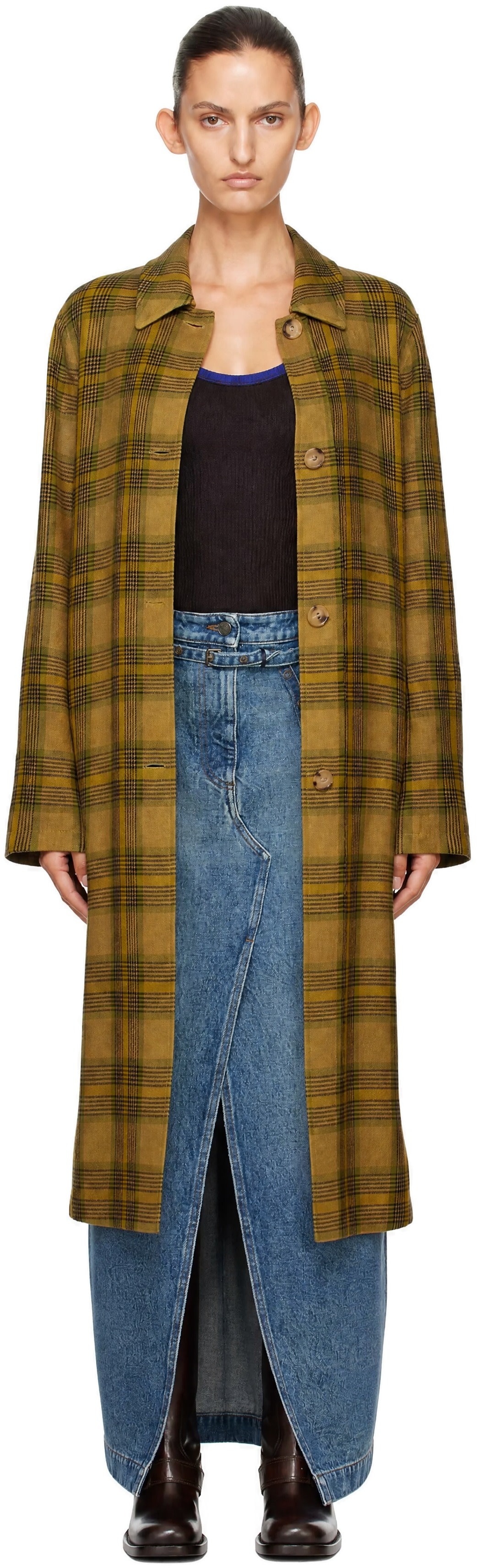 Dries Van Noten - 카키 울 체크 코트