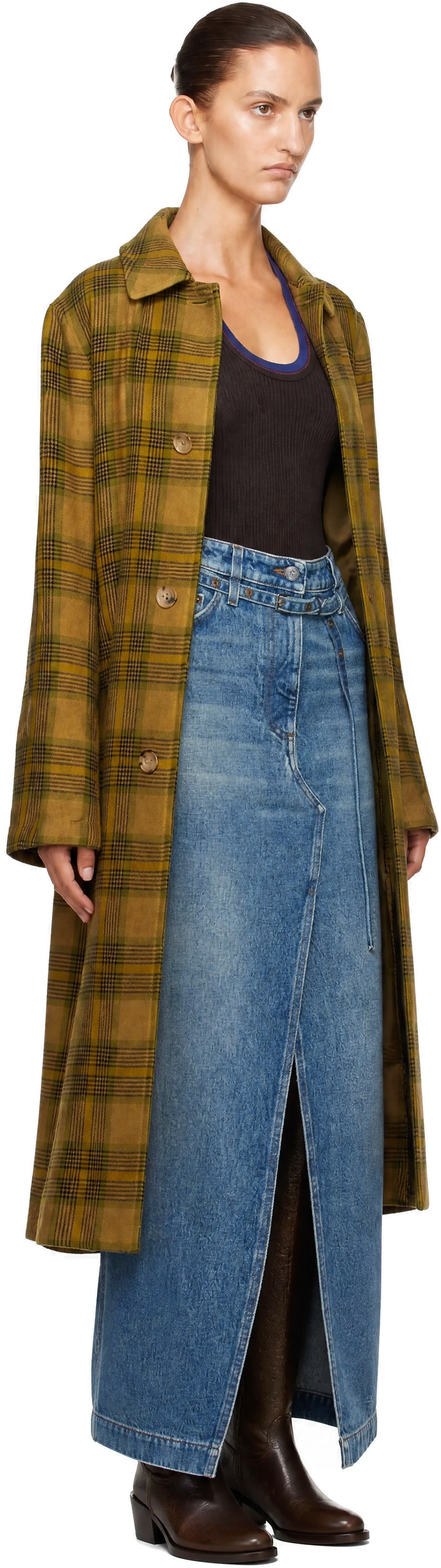 Dries Van Noten - 카키 울 체크 코트
