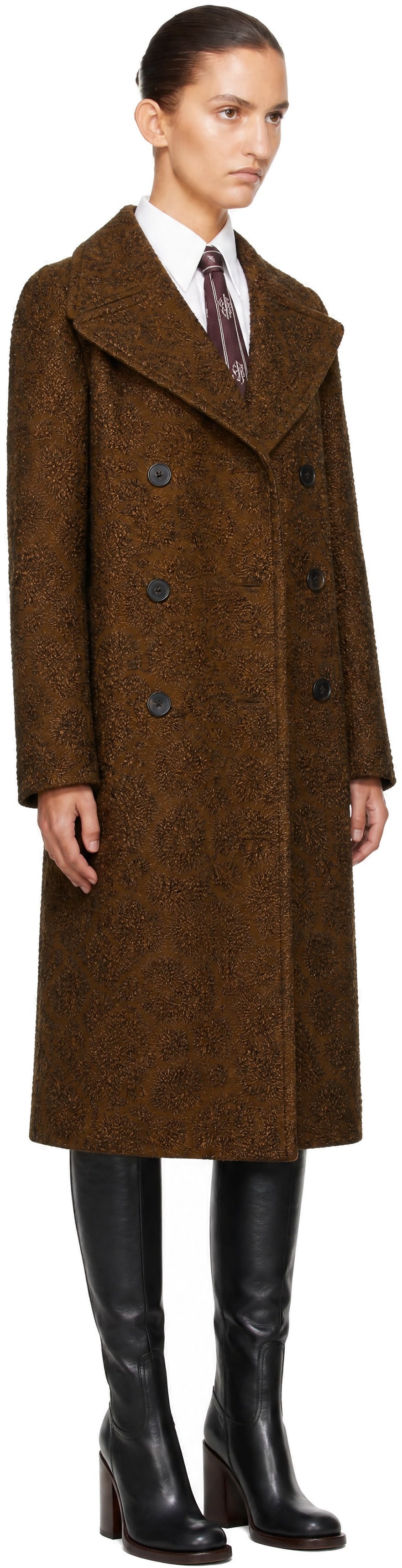 ウールダブルブレストコート 34サイズ ブラウン Dries Van Noten: ブラウン ジャカード ダブルブレスト コート