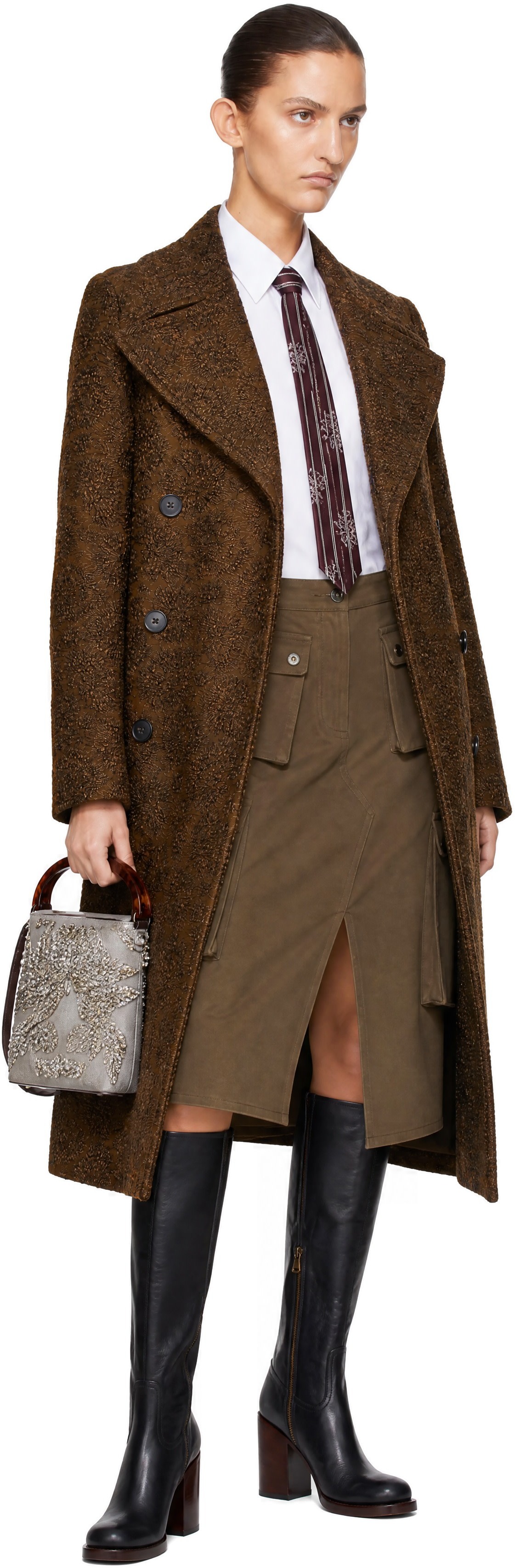COACH ブラウン ダブルブレストコート S Dries Van Noten: ブラウン ジャカード ダブルブレスト コート