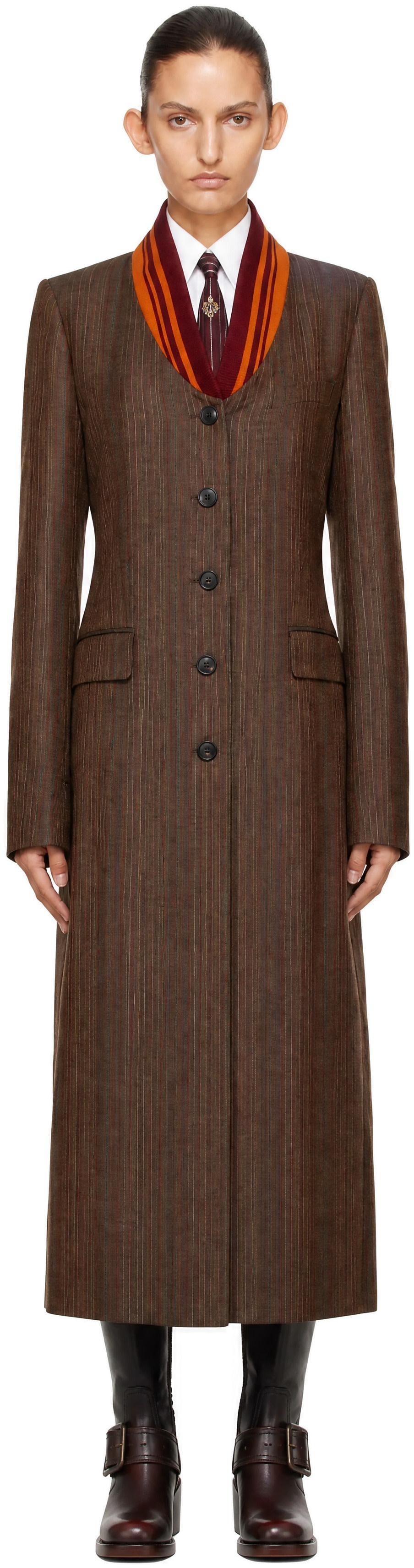 未使用　DRIES VAN NOTEN ウールコート Dries Van Noten: ブラウン ピンストライプ ウール コート | SSENSE 日本