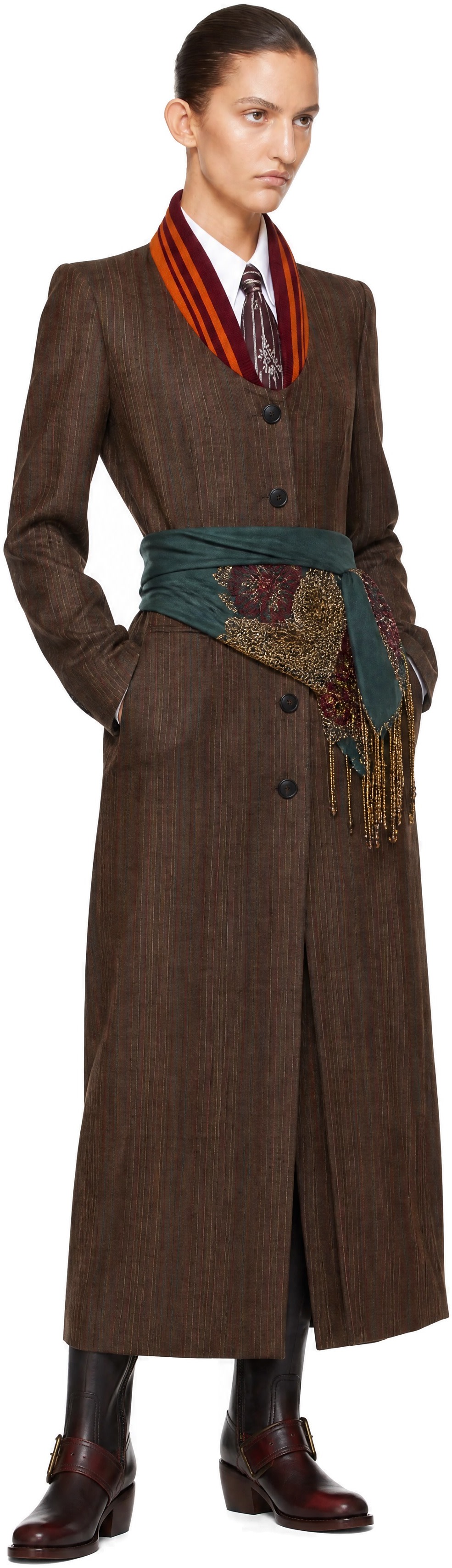 Dries Van Noten: Brown Pinstripe Wool Coat | SSENSE
