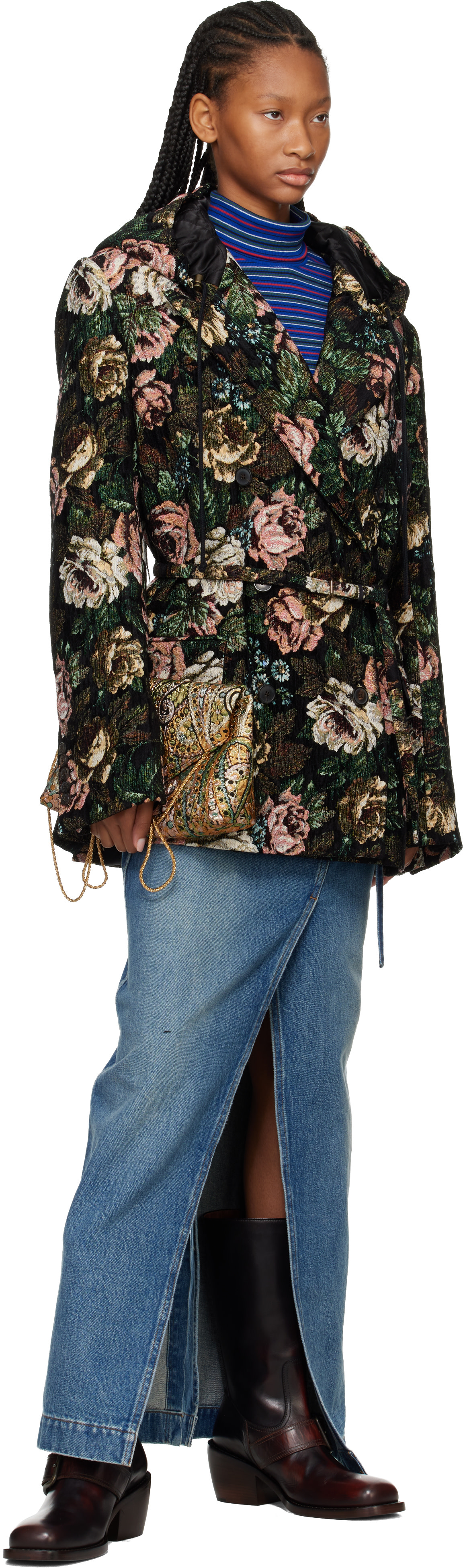 【美品】Dries Van Noten フーデッドピーコート　Archive Dries Van Noten: マルチカラー フローラル フード付き ピーコート