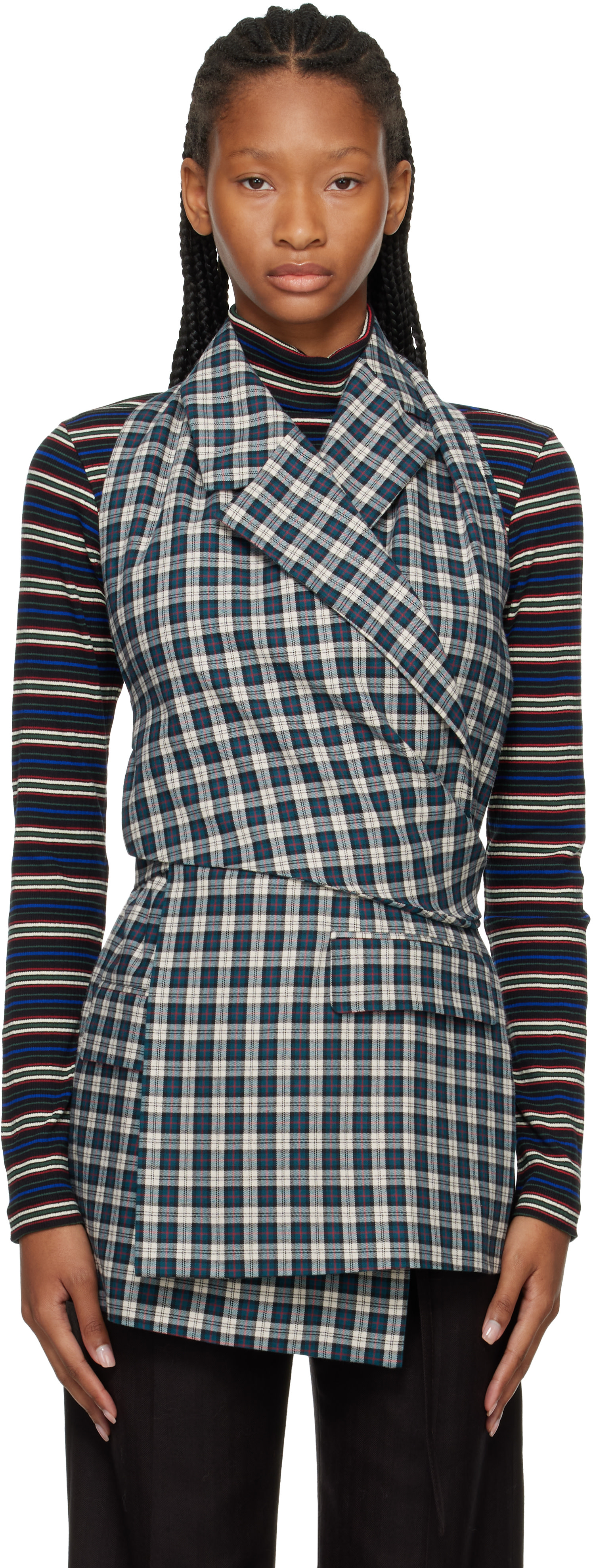 Dries Van Noten: Off-White & Green Backless Cotton Flannel Top