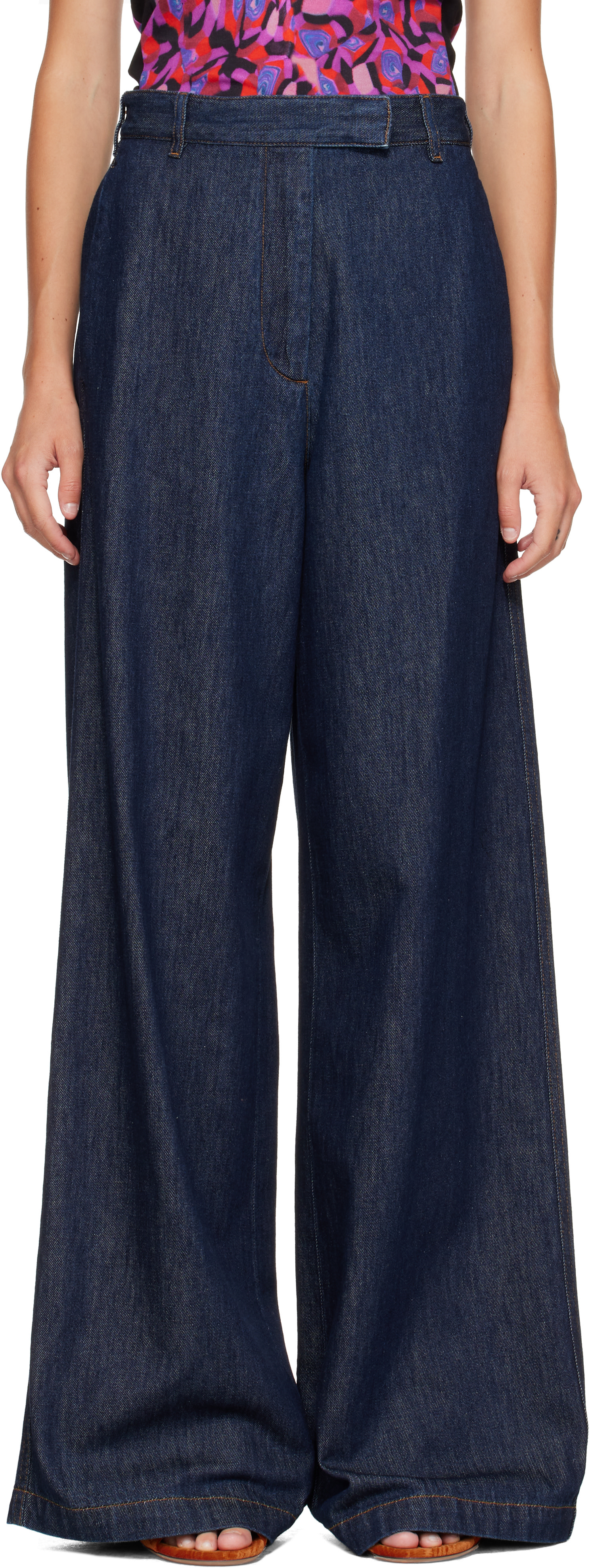パンツ Dries Van Noten Tuck Wide Denim Size 31 Dries Van Noten: Navy Wide Leg Denim Jeans | SSENSE