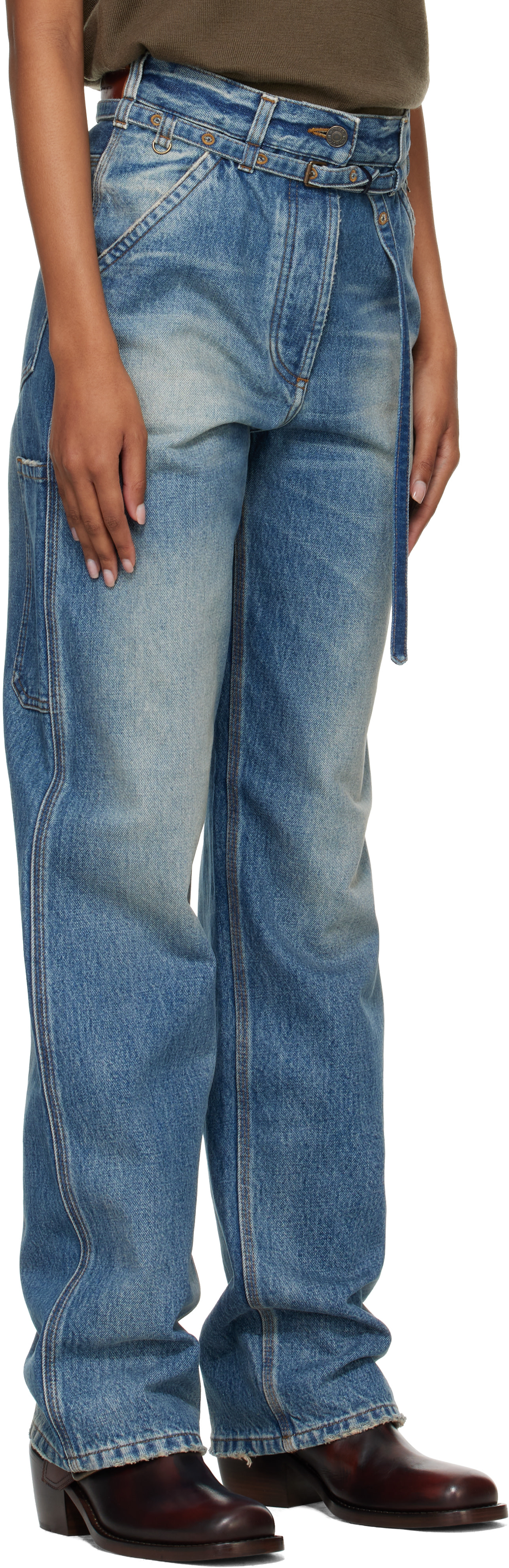 Dries Van Noten - Jean ample bleu à ceinture