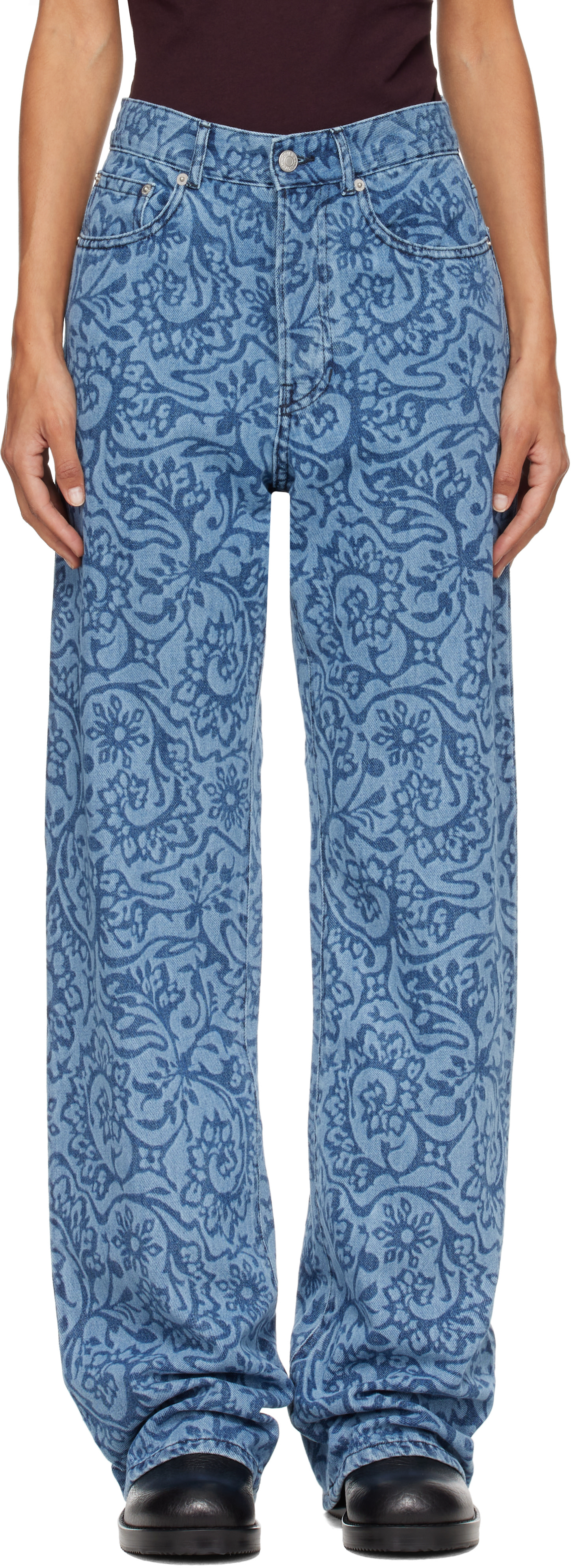 Dries Van Noten - Jean bleu à motif fleuri