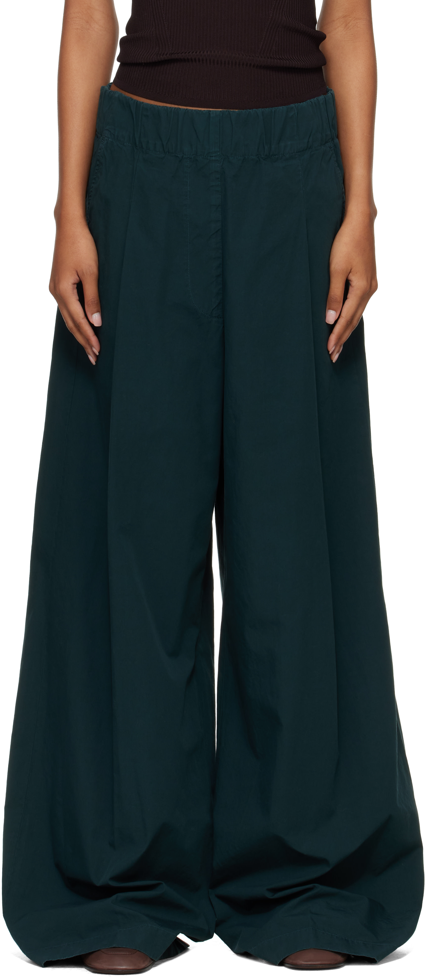 Dries Van Noten: Green Elasticated Overdyed Trousers | SSENSE