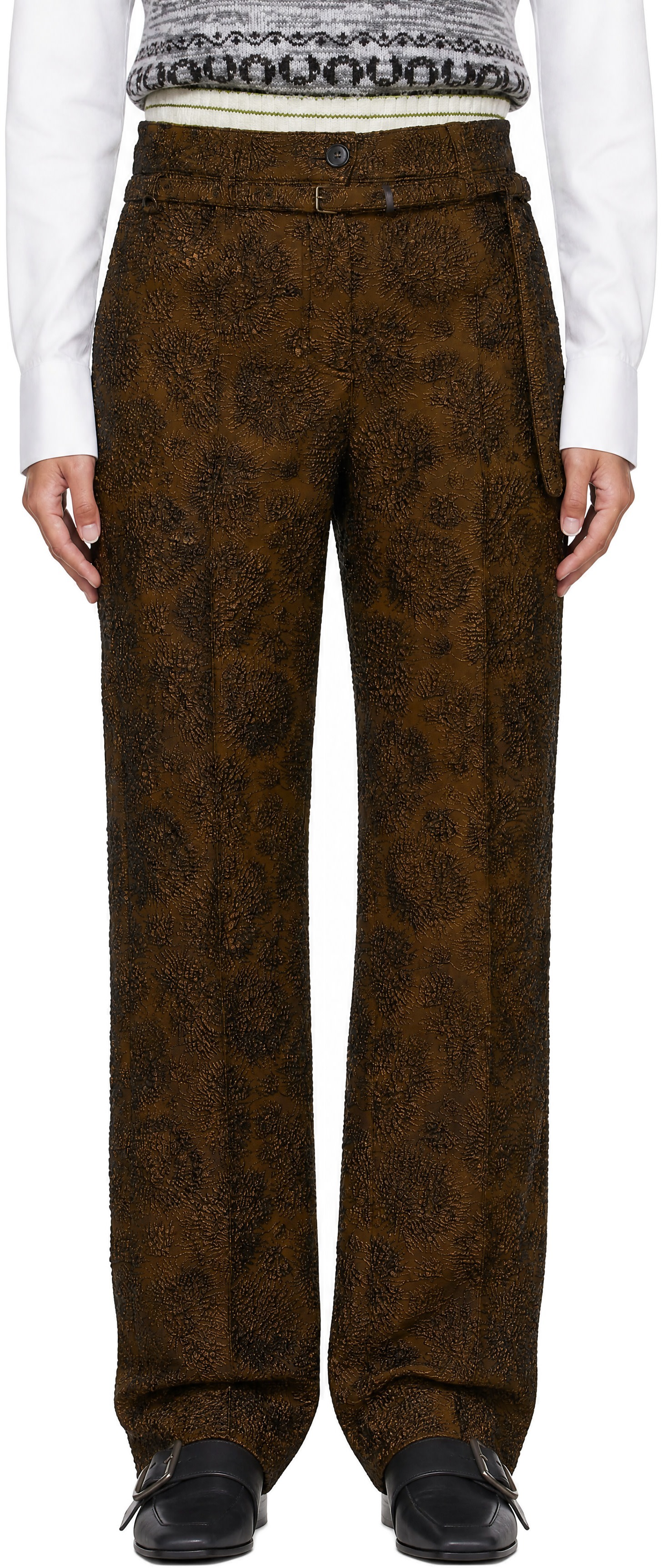 Dries Van Noten: Brown Slim Leg Jacqaurd Trousers | SSENSE Canada