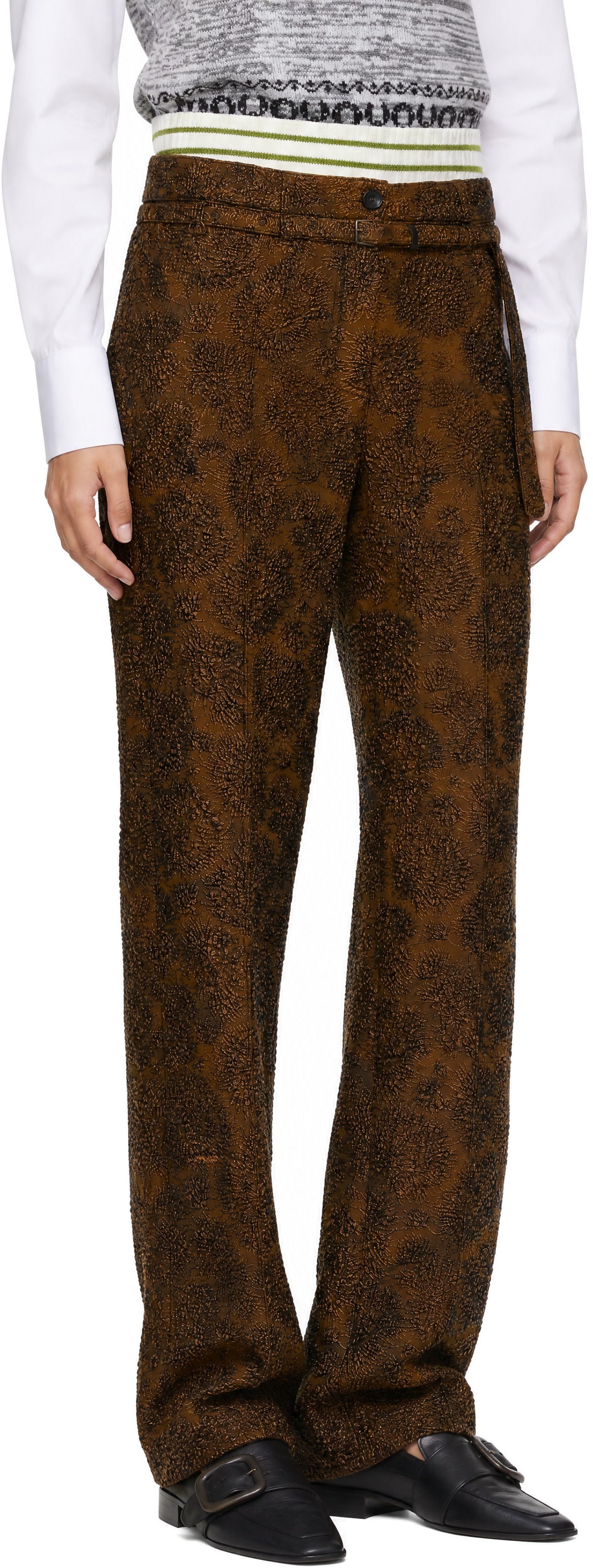 Dries Van Noten: Brown Slim Leg Jacqaurd Trousers | SSENSE