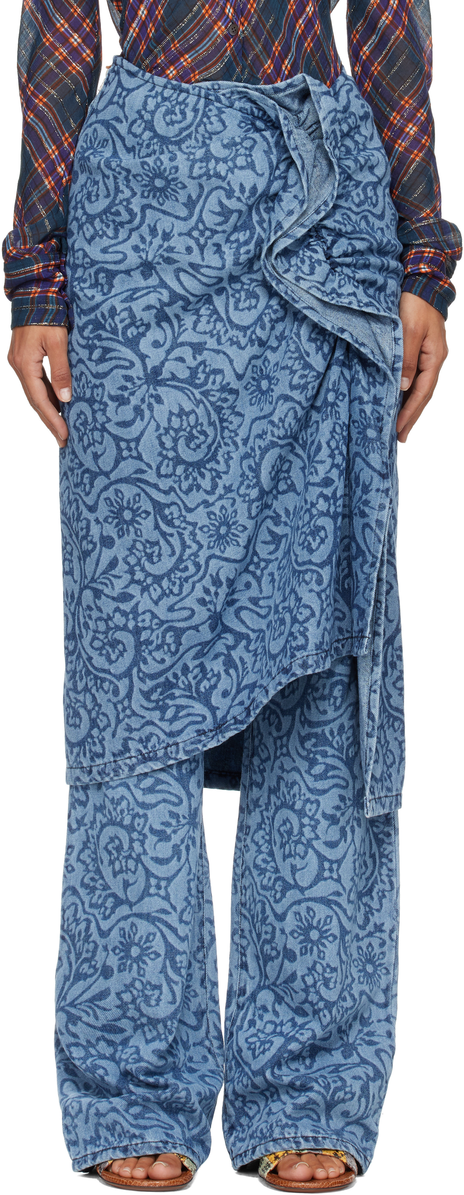 Dries Van Noten: Blue Floral Denim Midi Skirt | SSENSE