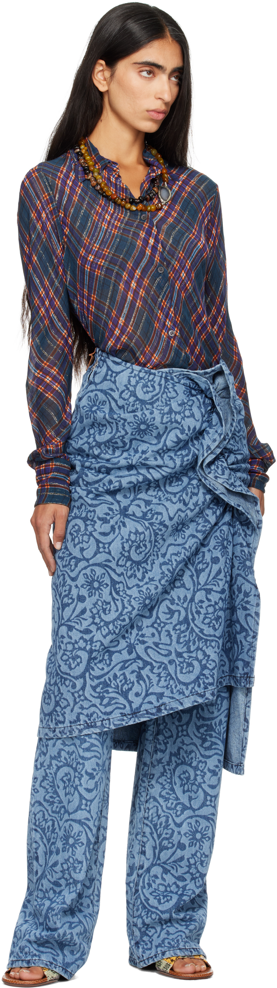 Dries Van Noten: Blue Floral Denim Midi Skirt | SSENSE