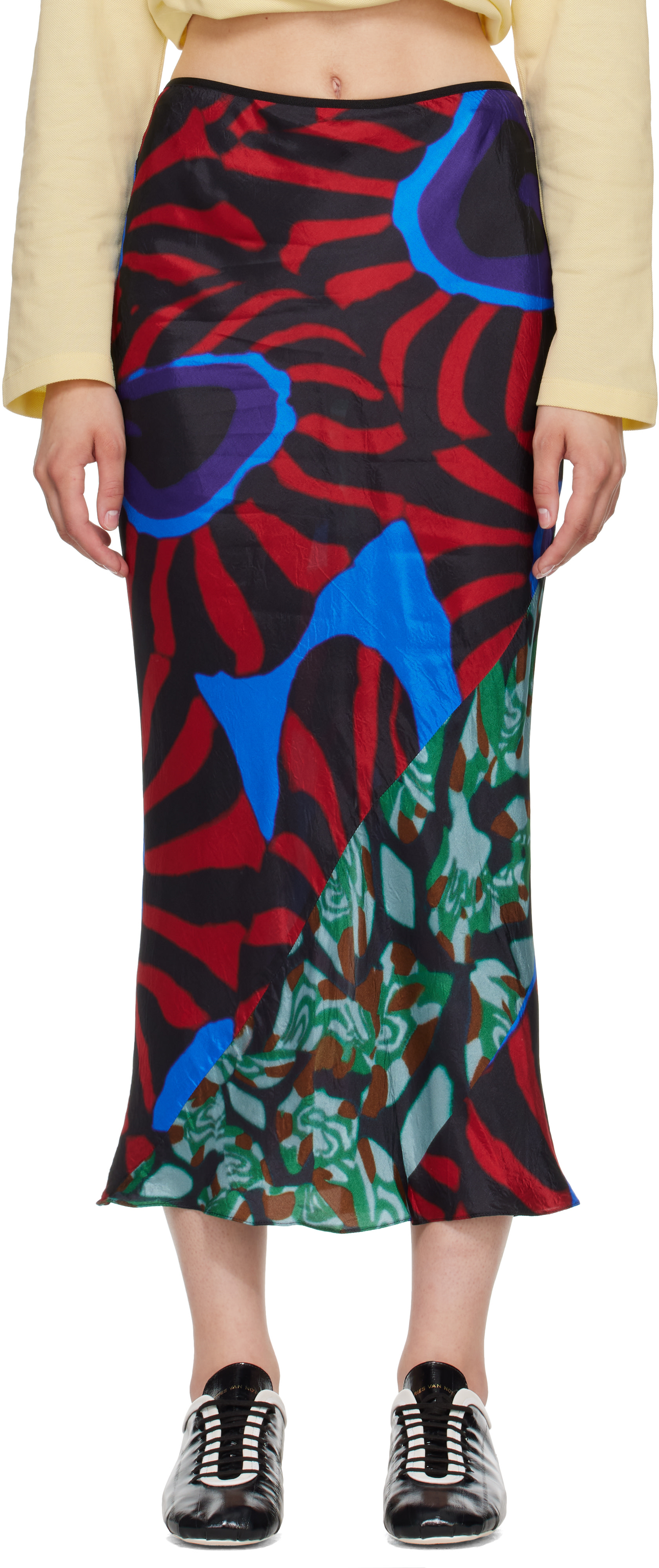 dries van noten スカート Dries Van Noten: レッド＆ブルー プリント ミディアムスカート