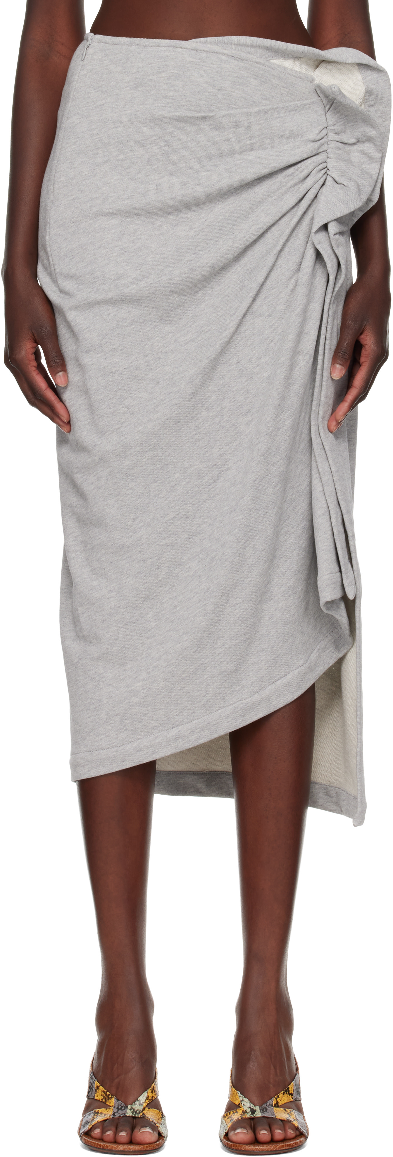 Dries Van Noten: Gray Gathered Midi Skirt | SSENSE