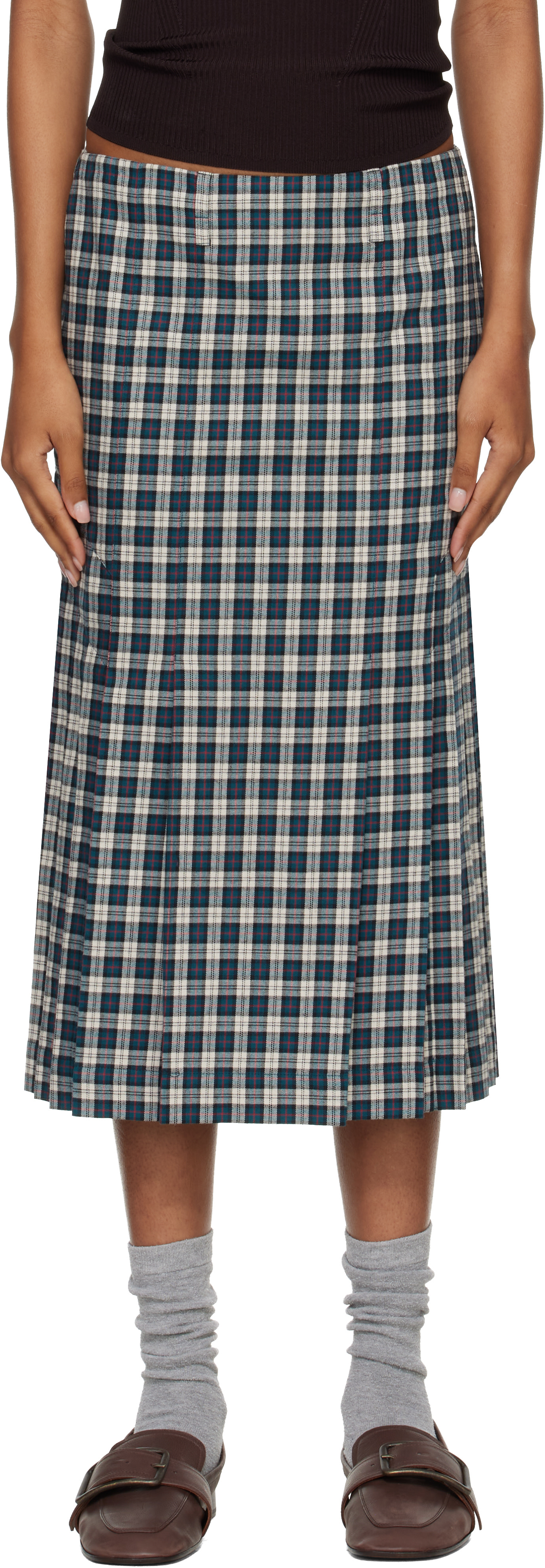Dries Van Noten: Green & Off-White Flannel Midi Skirt | SSENSE