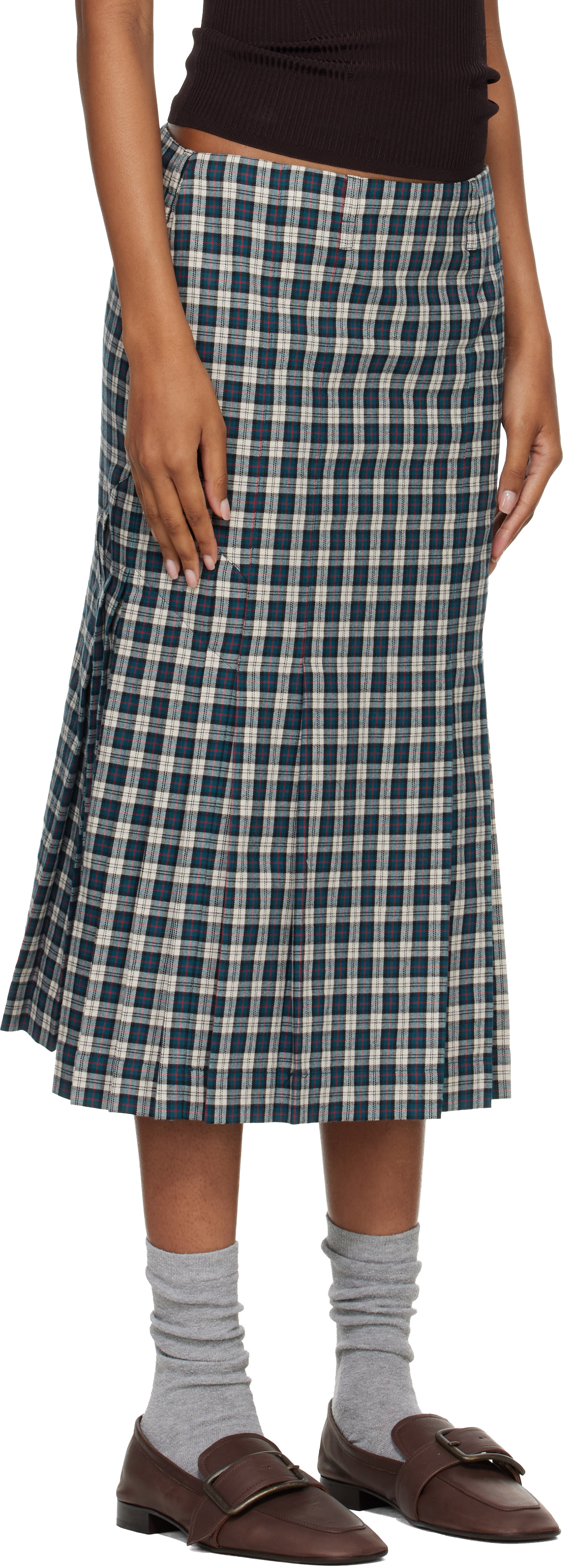 Dries Van Noten: Green & Off-White Flannel Midi Skirt | SSENSE