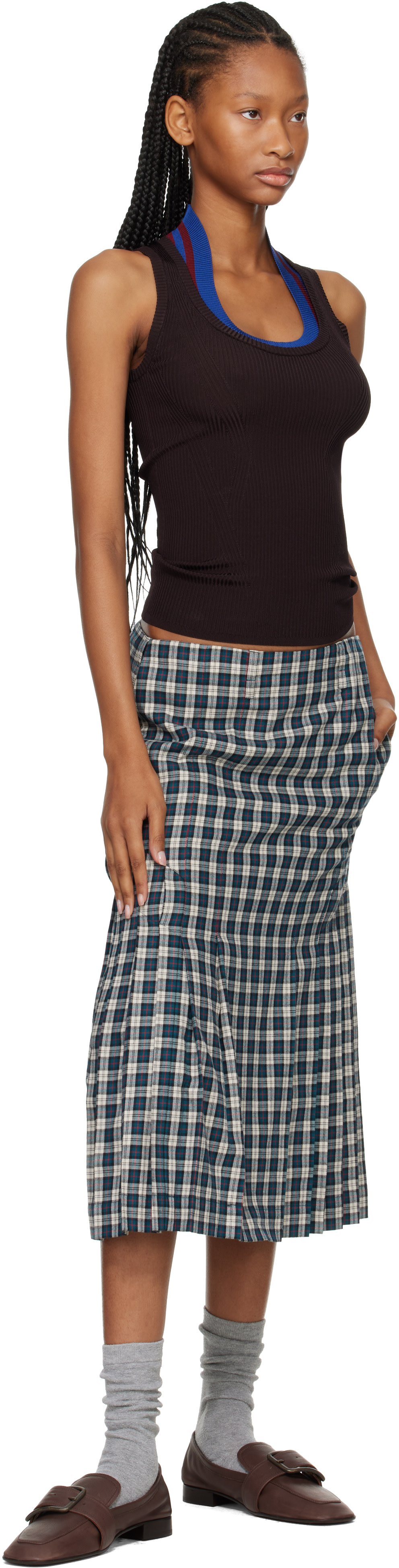 Dries Van Noten: Green & Off-White Flannel Midi Skirt | SSENSE