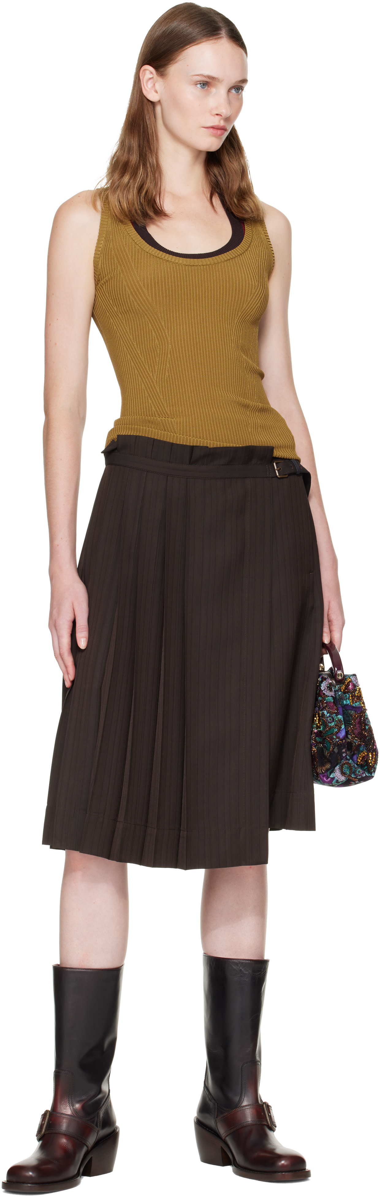Dries Van Noten: ブラウン プリーツ ビスコース ミディアムスカート