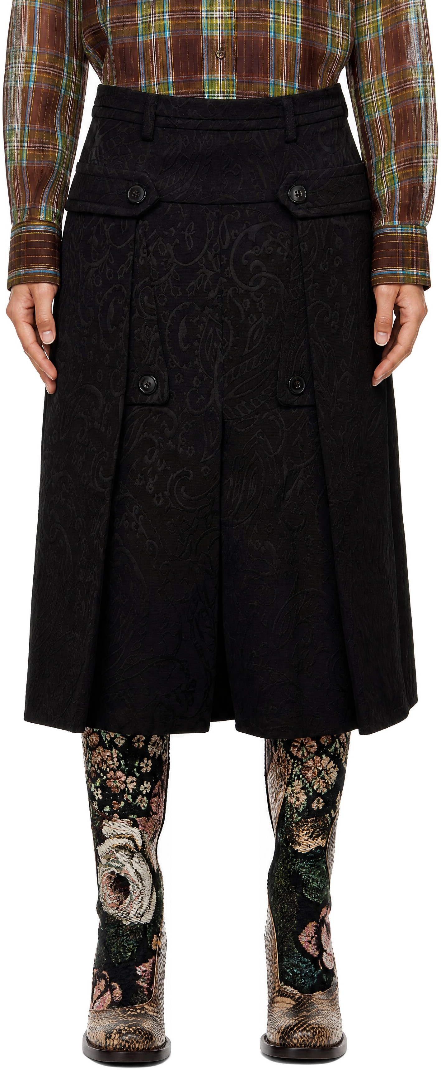 Dries Van Noten: ブラック ペイズリー ジャカード ミディアムスカート