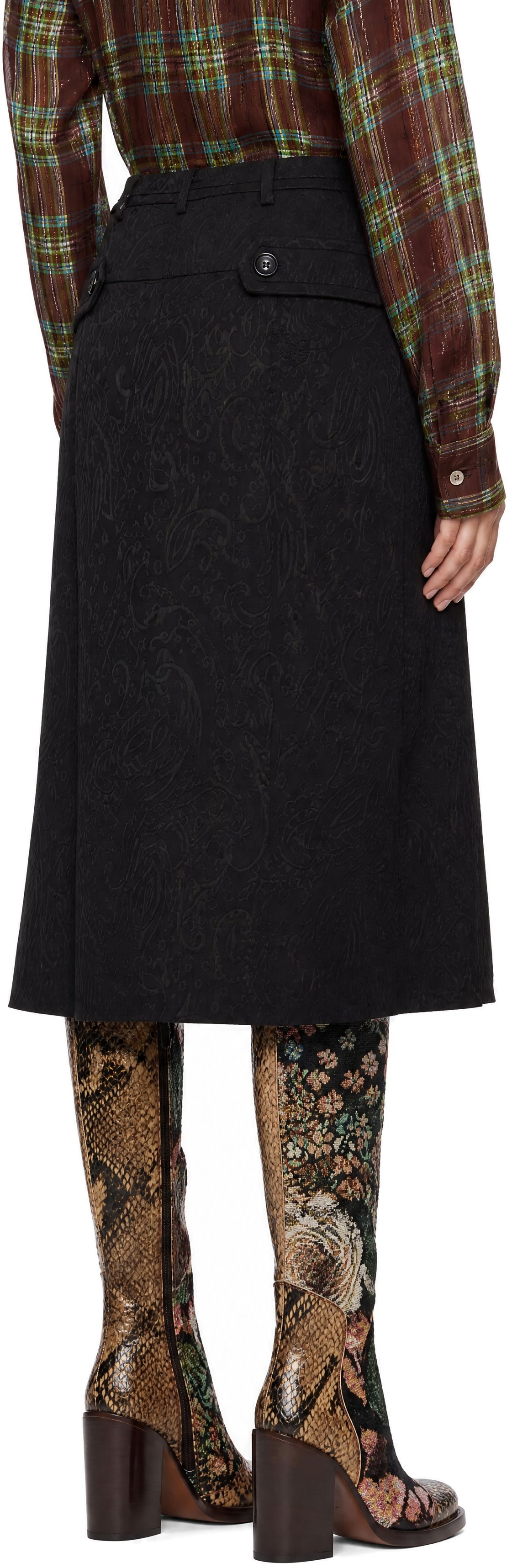 Dries Van Noten: ブラック ペイズリー ジャカード ミディアムスカート