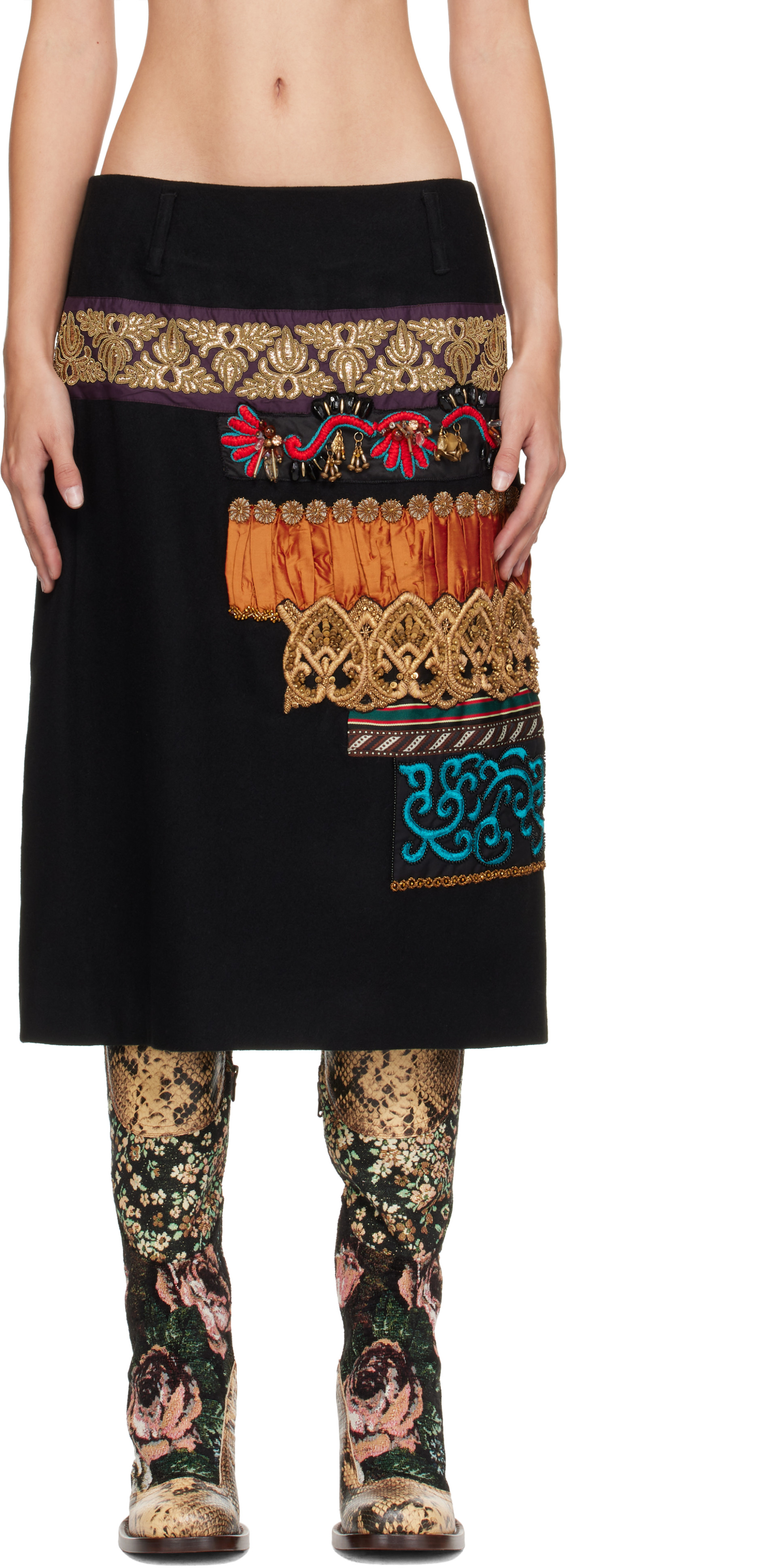 (断捨離セール) DRIES VAN NOTEN ビーズ刺繍 スカート Dries Van Noten: Black Embroidered Wool Skirt | SSENSE Canada