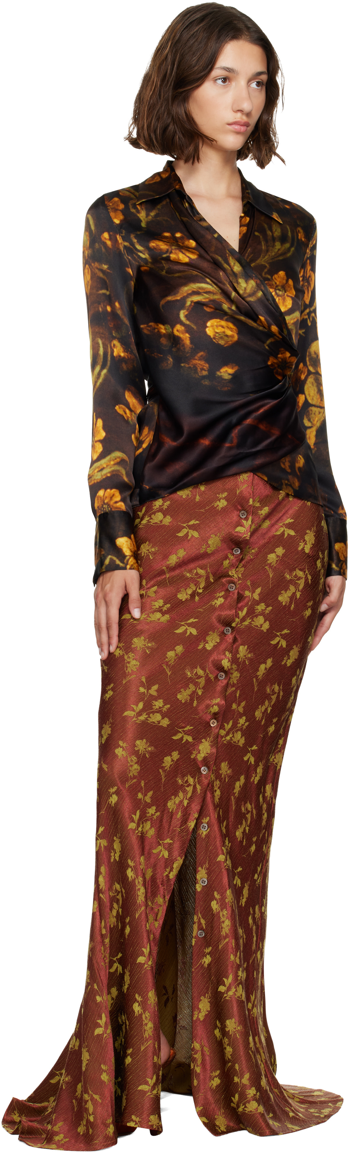 Dries Van Noten 2022aw マキシスカート Dries Van Noten: ブラウン ジャカード マキシスカート | SSENSE 日本