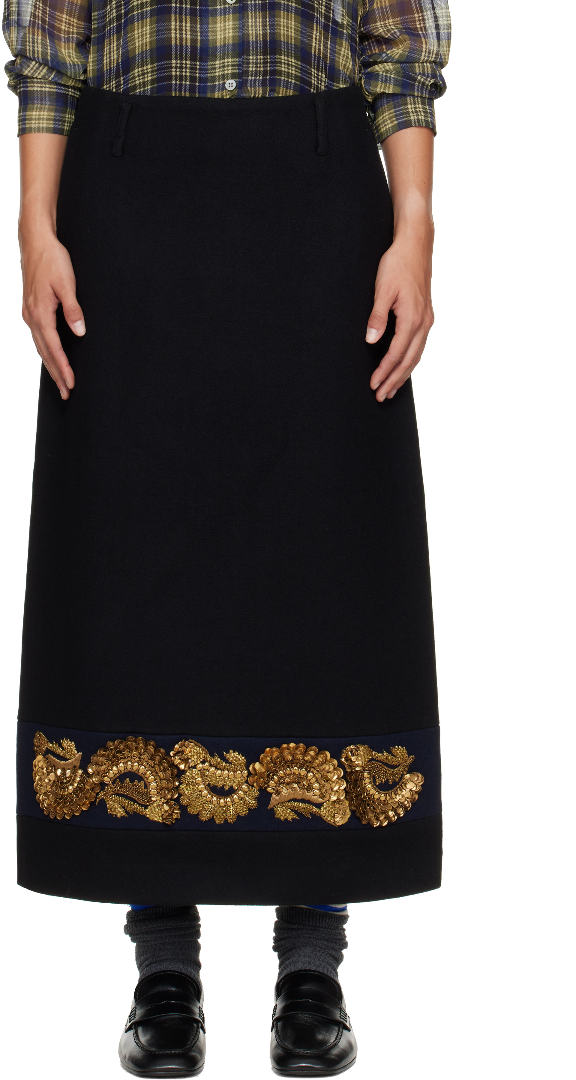 DRIES VAN NOTEN フレアスカート 36 Dries Van Noten: Black Embroidered Wool Maxi Skirt | SSENSE