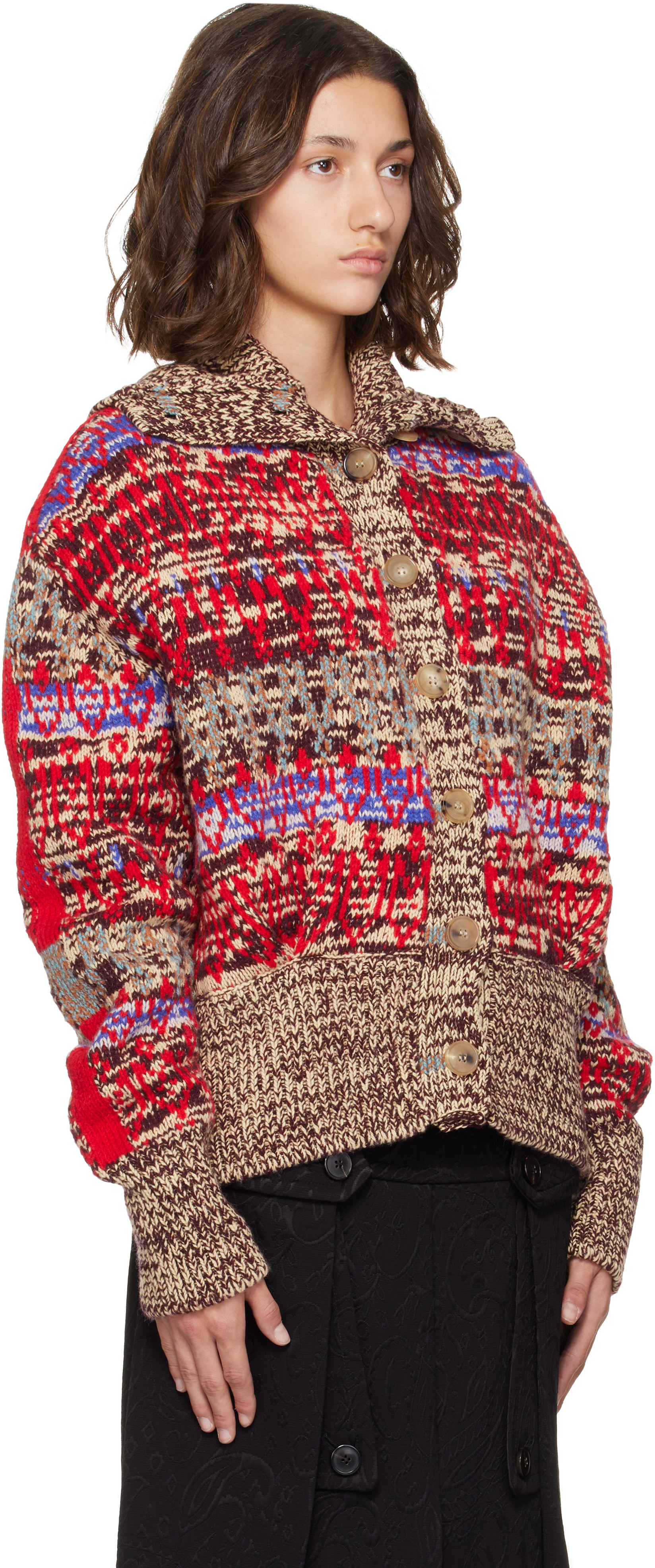 Dries Van Noten: Beige & Red Jacquard Wool Cardigan | SSENSE