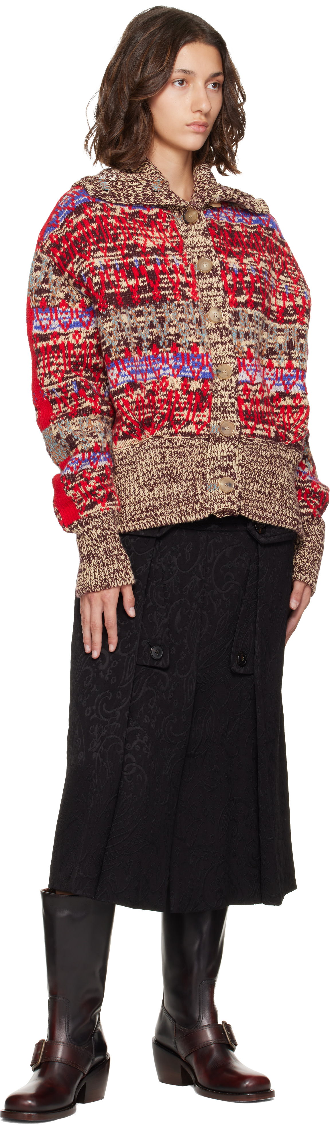 Dries Van Noten: Beige & Red Jacquard Wool Cardigan | SSENSE Canada