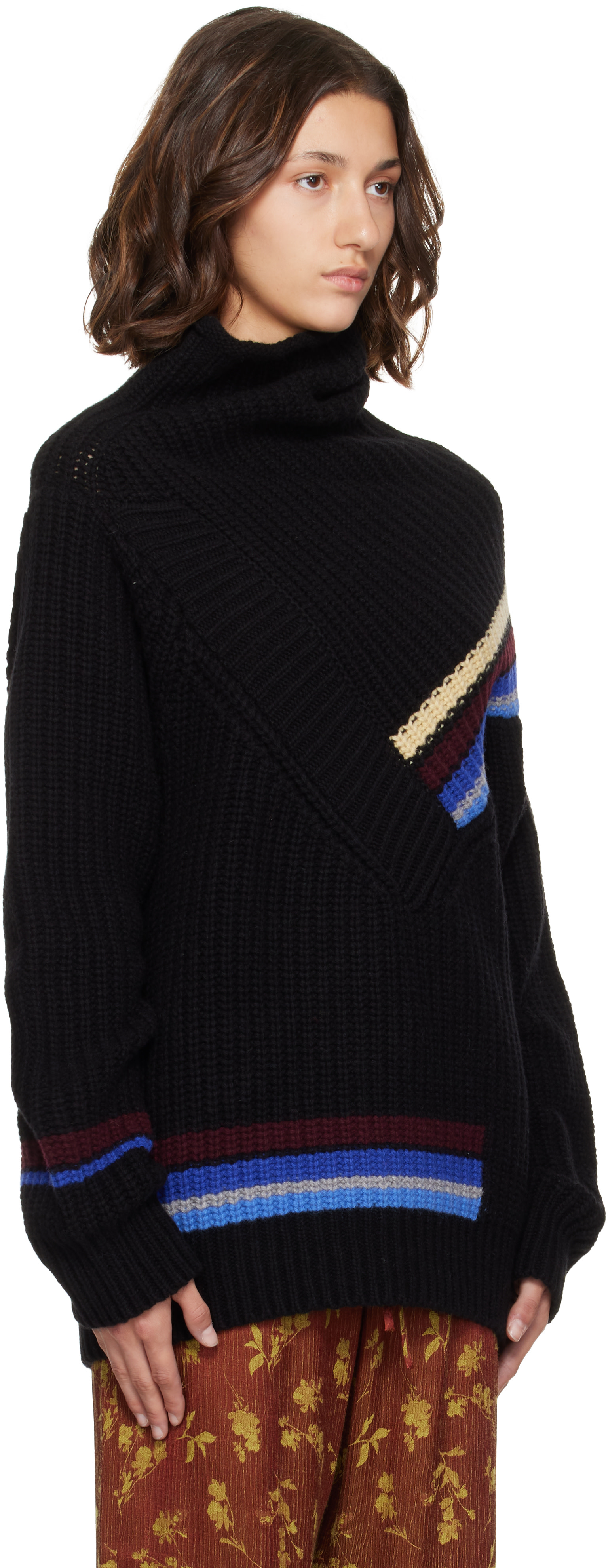 Dries Van Noten: Black Asymmetric Stripe Turtleneck | SSENSE