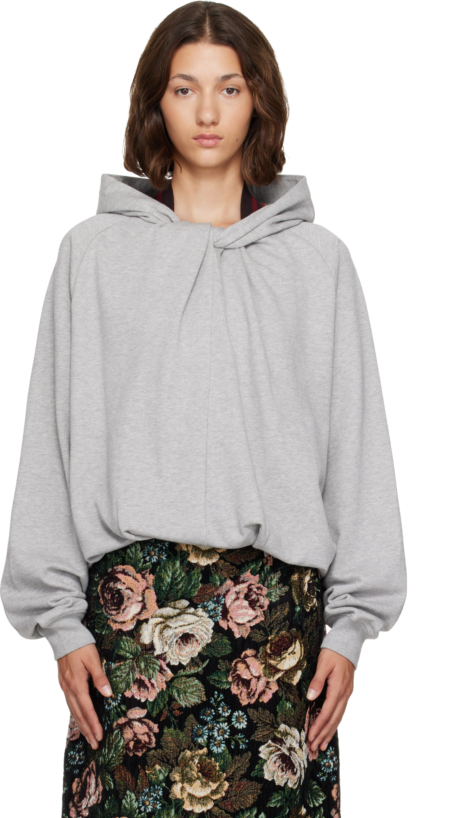 Dries Van Noten - Pull à capuche drapé gris en coton
