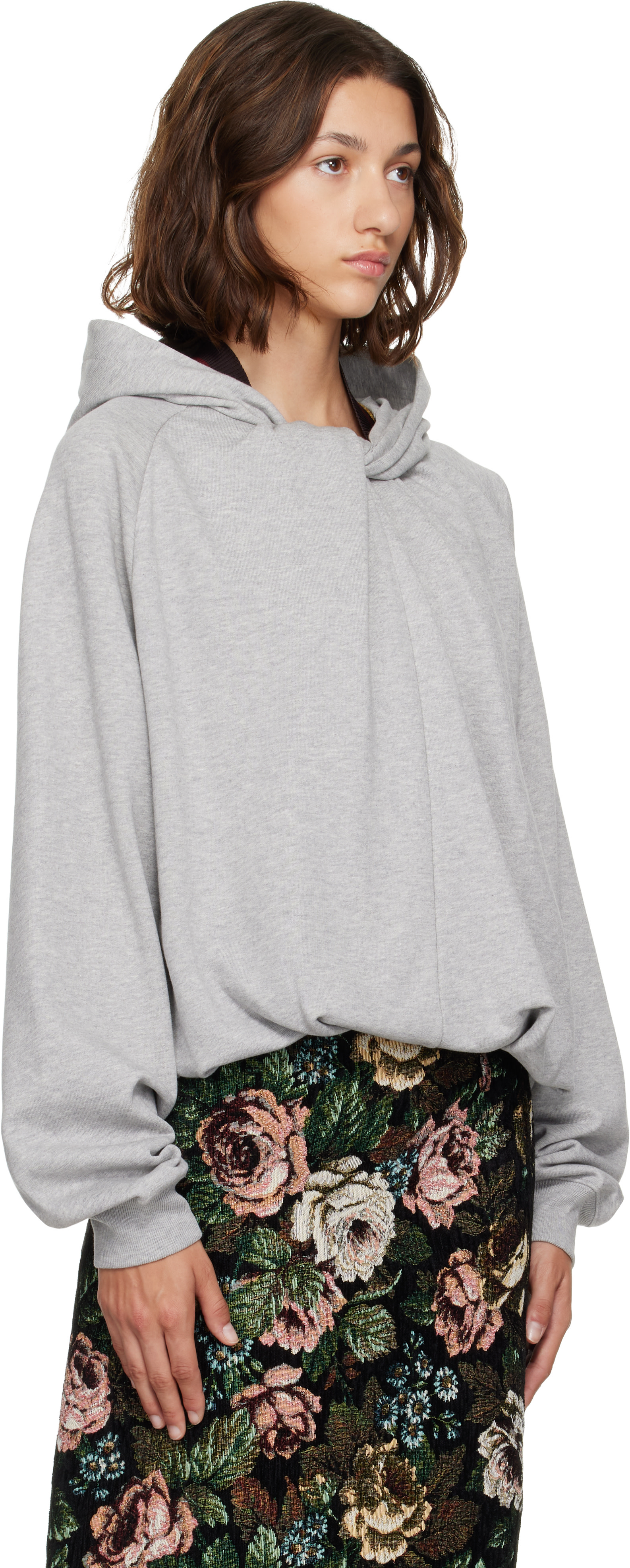 Dries Van Noten - Pull à capuche drapé gris en coton