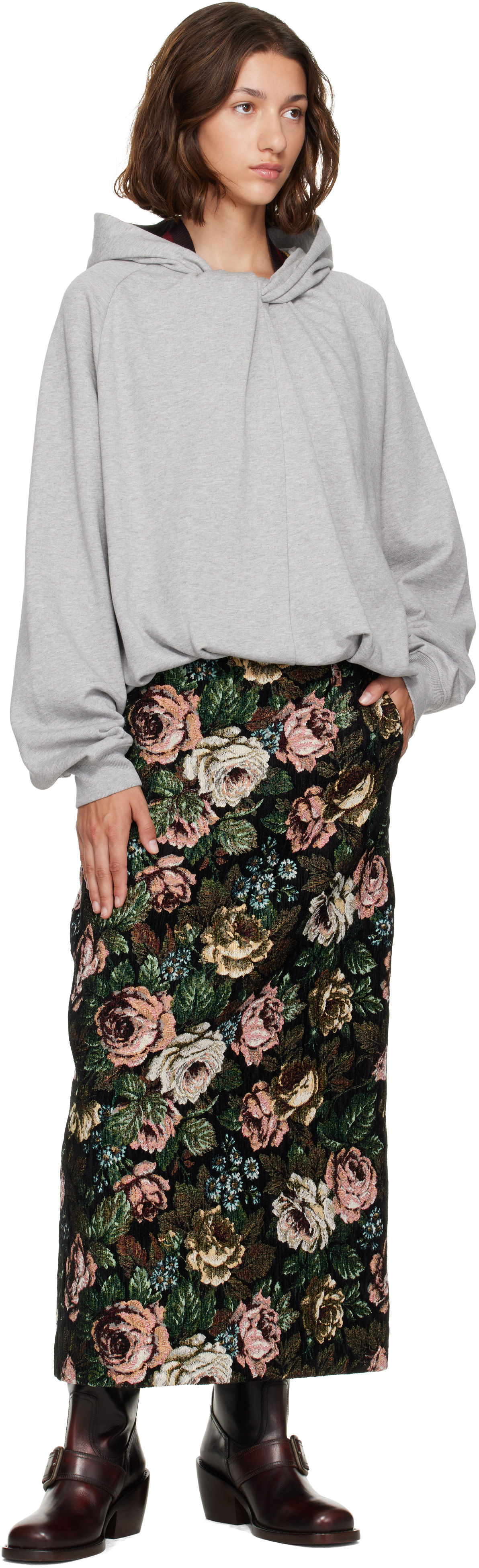 Dries Van Noten - Pull à capuche drapé gris en coton