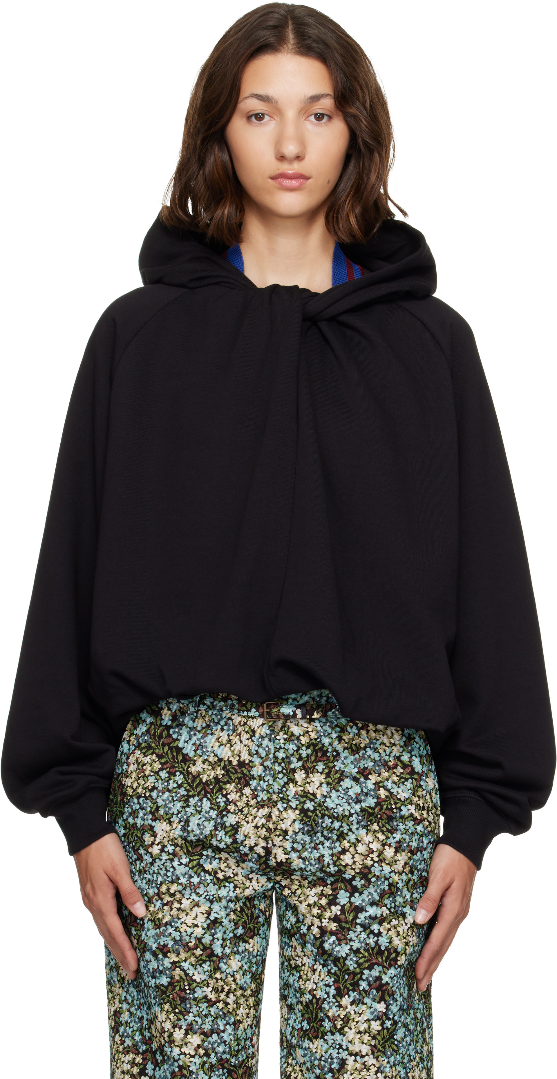 Dries Van Noten - Pull à capuche drapé noir en coton