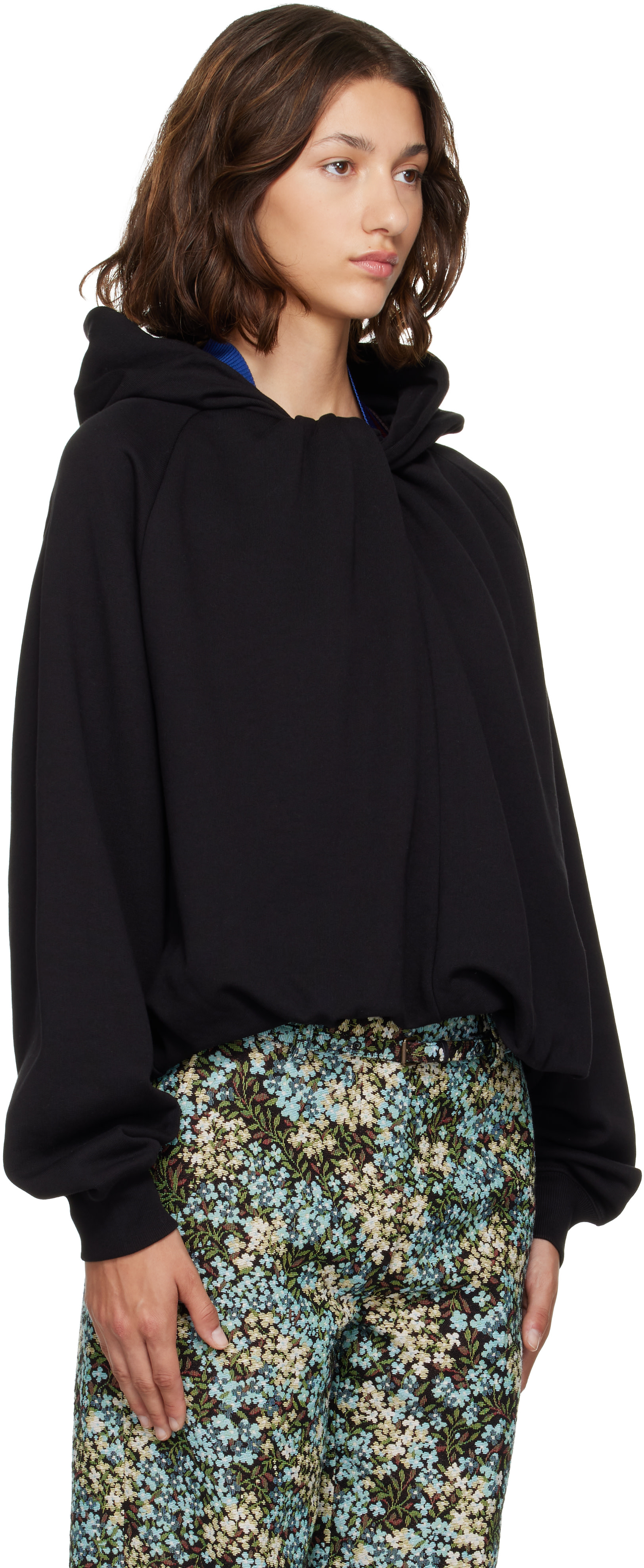 Dries Van Noten - Pull à capuche drapé noir en coton
