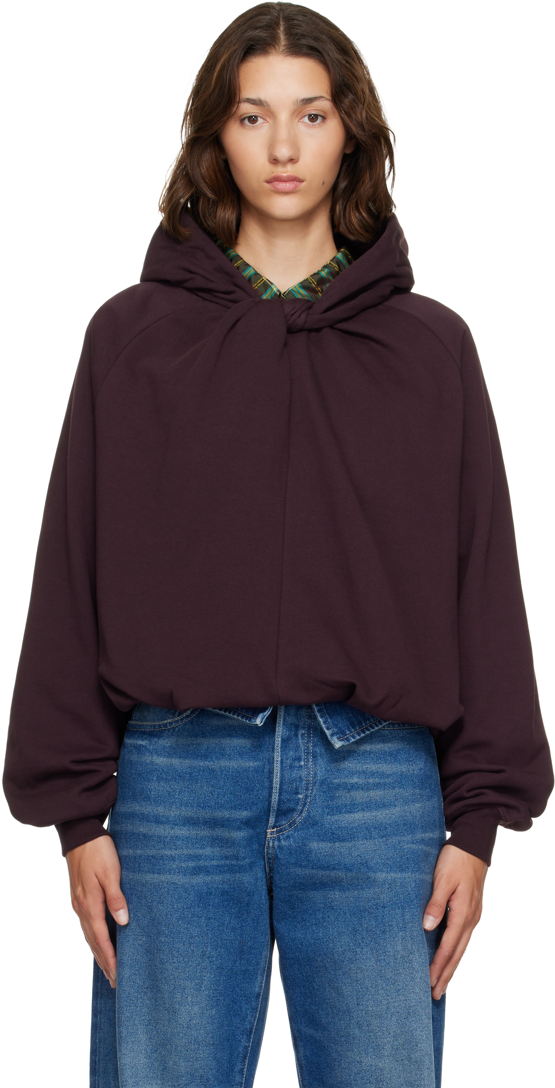 Dries Van Noten - Pull à capuche drapé bourgogne en coton