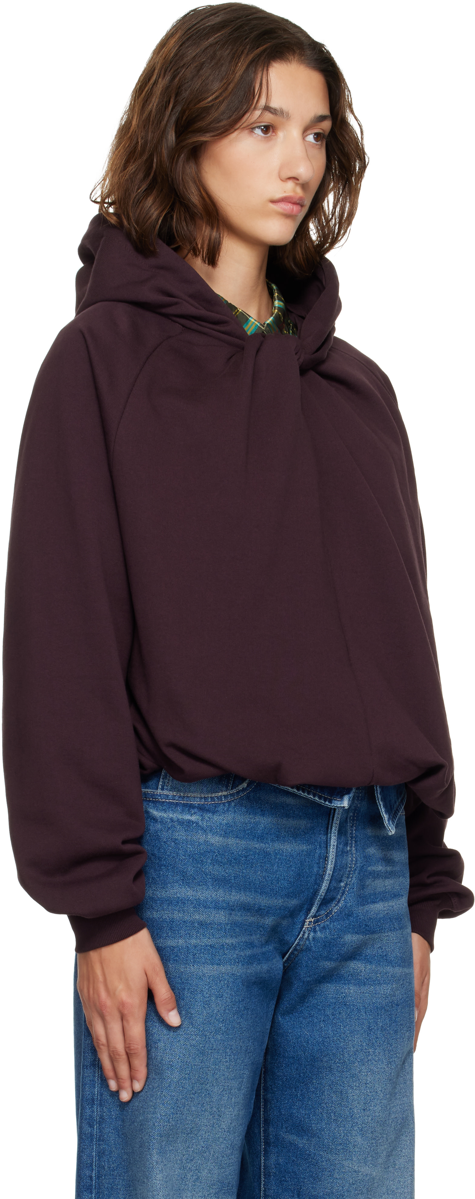 Dries Van Noten - Pull à capuche drapé bourgogne en coton