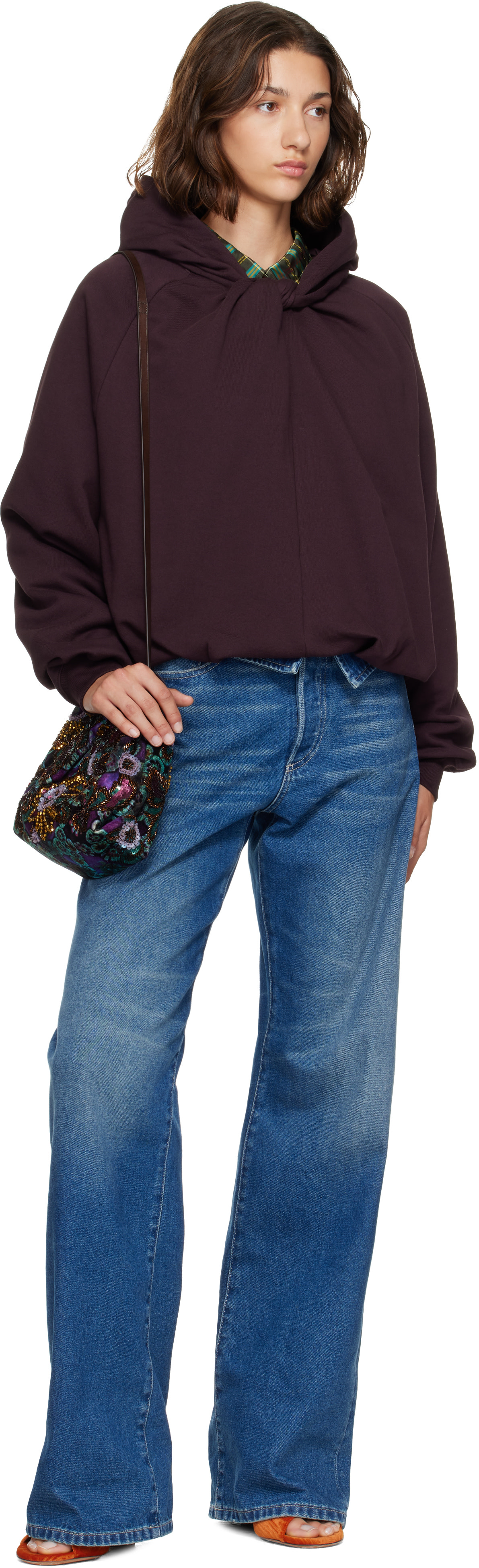 Dries Van Noten - Pull à capuche drapé bourgogne en coton