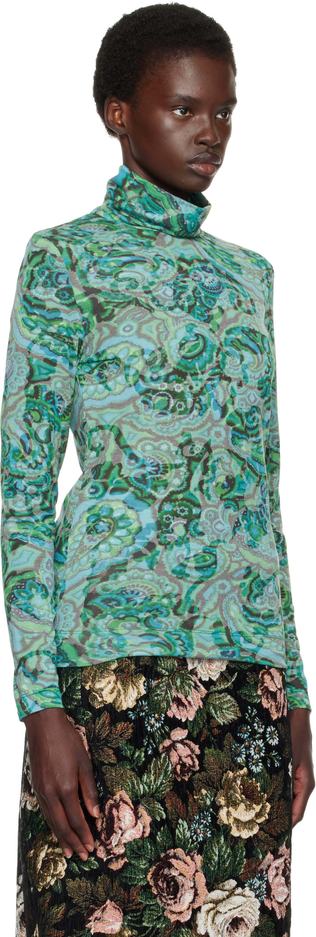 Dries Van Noten ハイネック ロングスリーブ　サイズM Dries Van Noten: Green Paisley Turtleneck | SSENSE Singapore