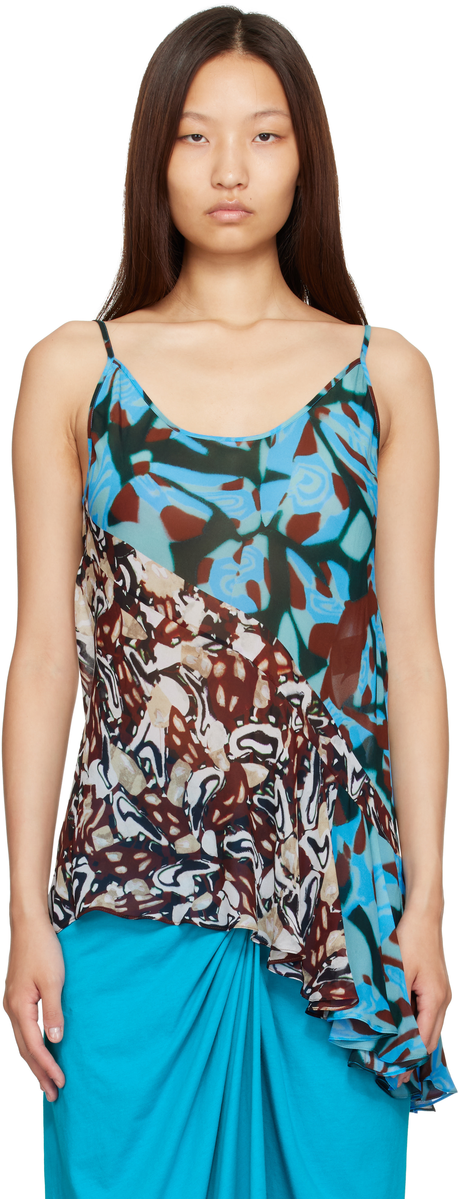 Dries Van Noten: Blue & Brown Viscose Slip Top | SSENSE