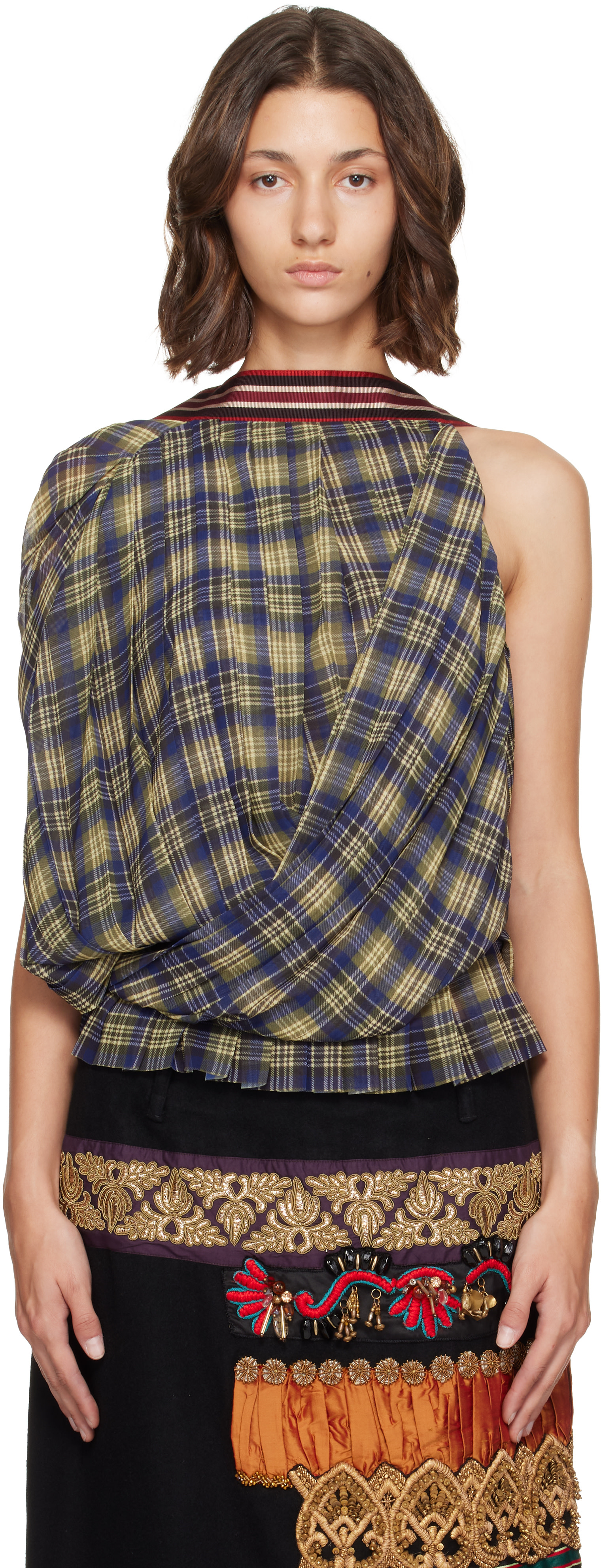 Dries Van Noten: Blue & Green Draped Pleated Top | SSENSE