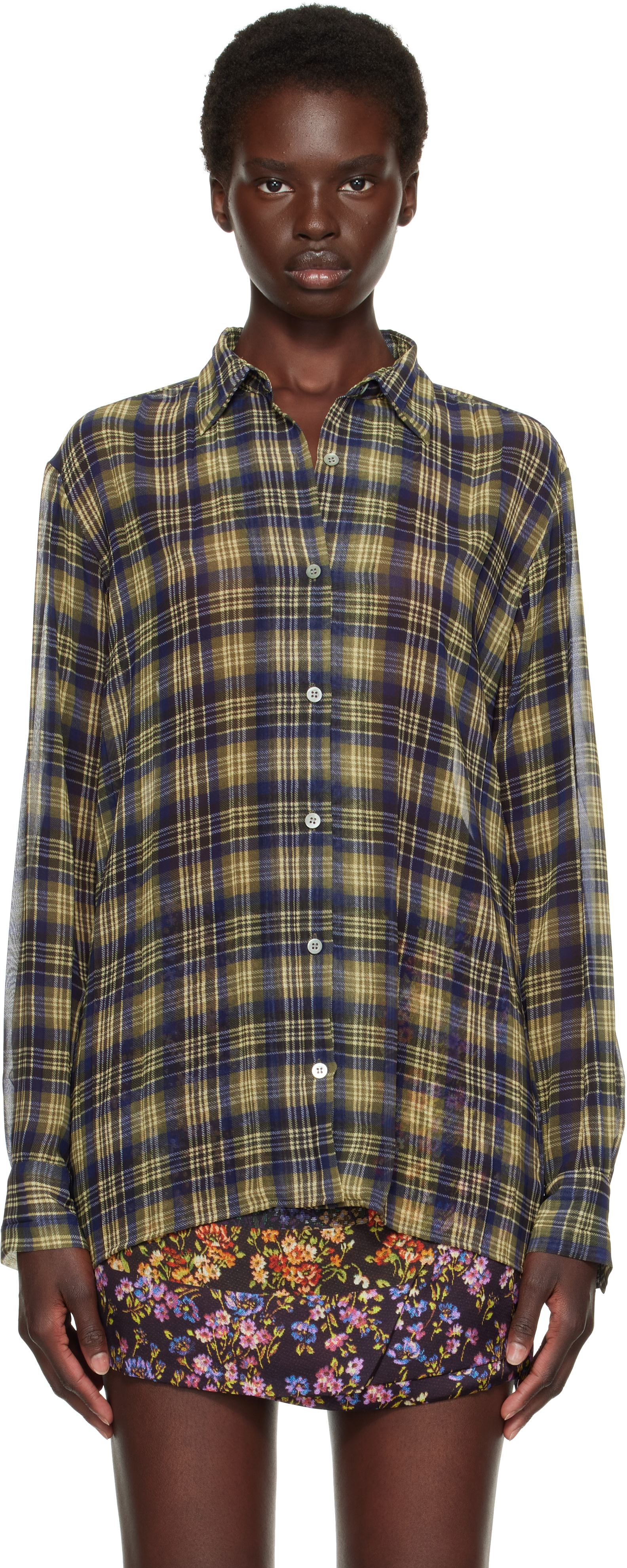 Dries Van Noten: Khaki & Navy Pleated Shirt | SSENSE Japan