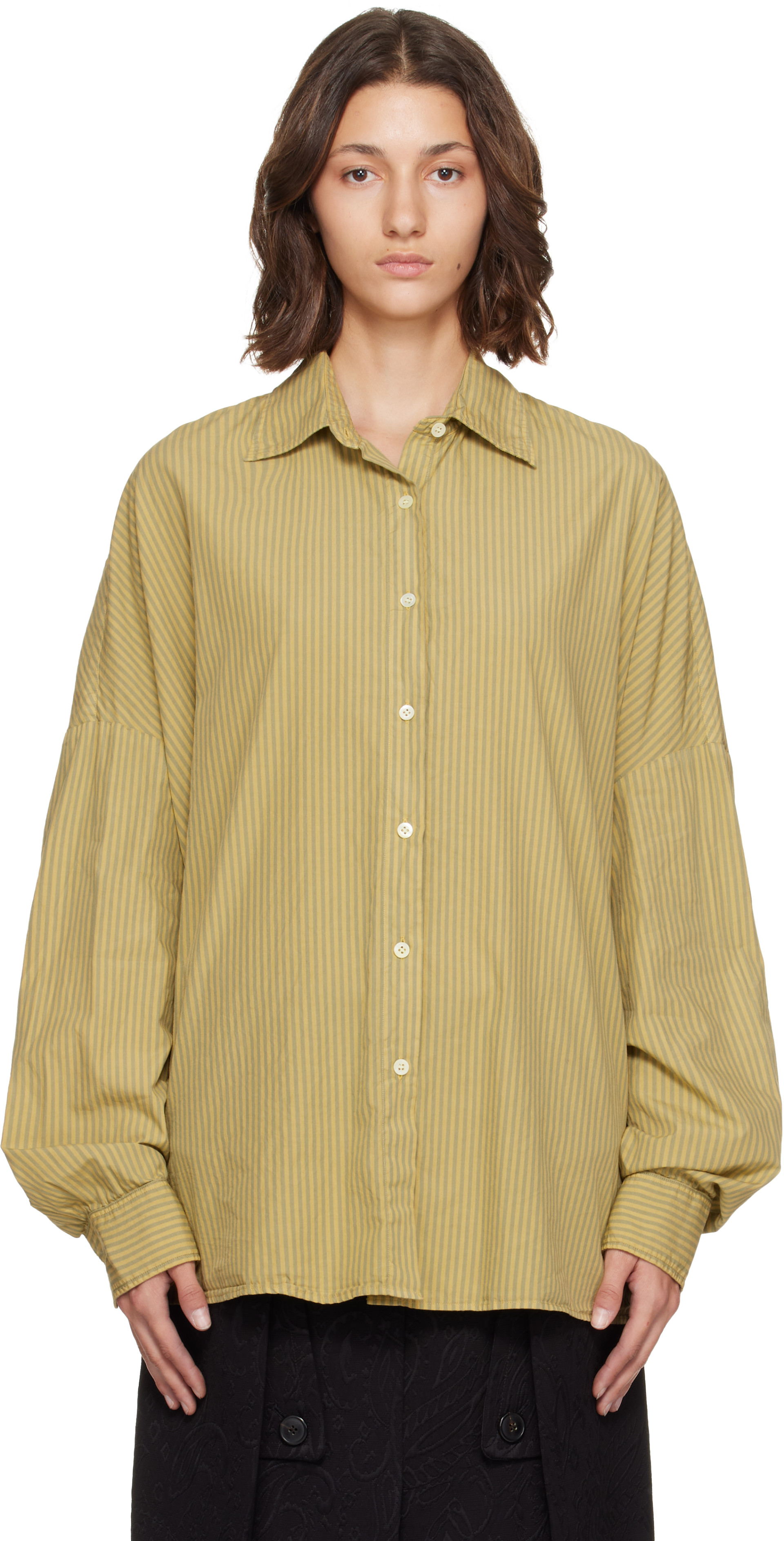 24ss DRIES VAN NOTEN ストライプ シャツ S Dries Van Noten: Yellow & Green Striped Cotton Shirt | SSENSE