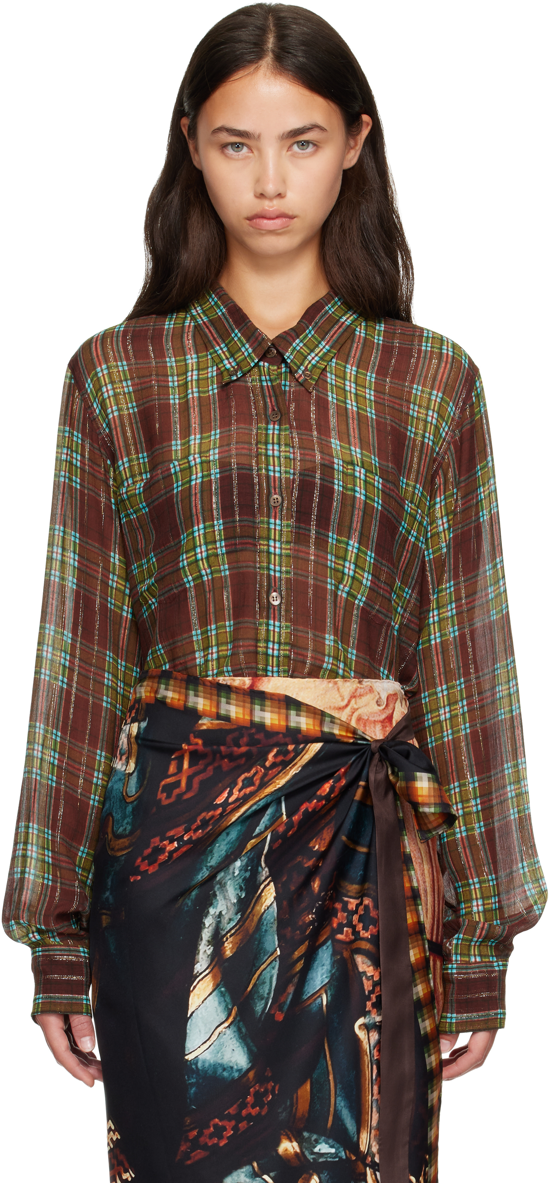 Dries Van Noten: Burgundy Loose Lurex Shirt | SSENSE