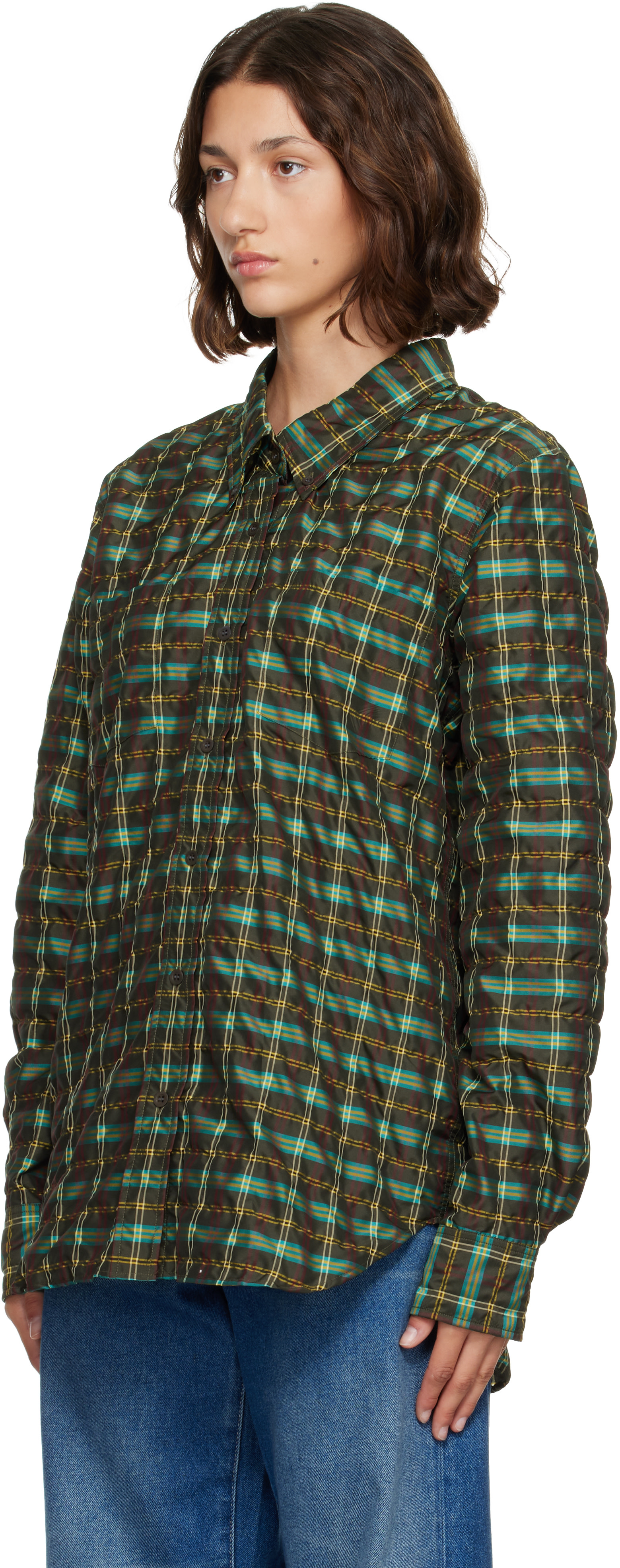 DRIES VAN NOTEN チェック柄 半袖 ブラウス 38 Dries Van Noten: Khaki Check Shirt | SSENSE