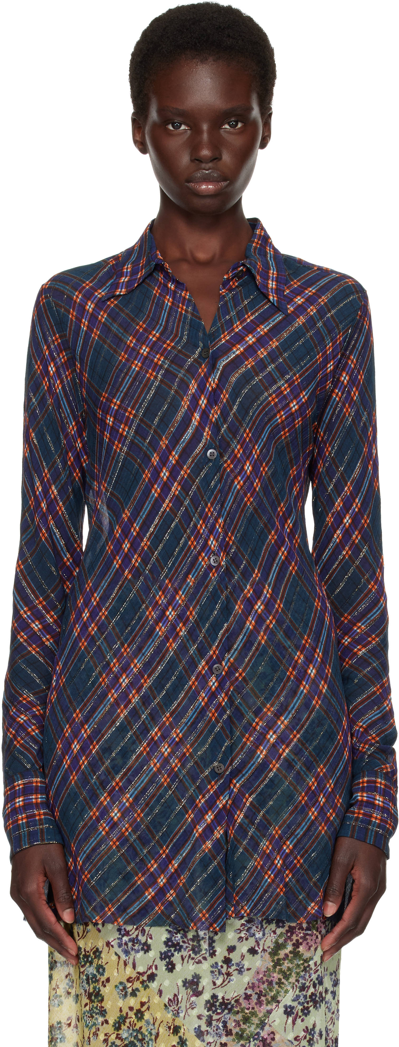 Dries Van Noten: Navy & Red Fitted Lurex Shirt | SSENSE