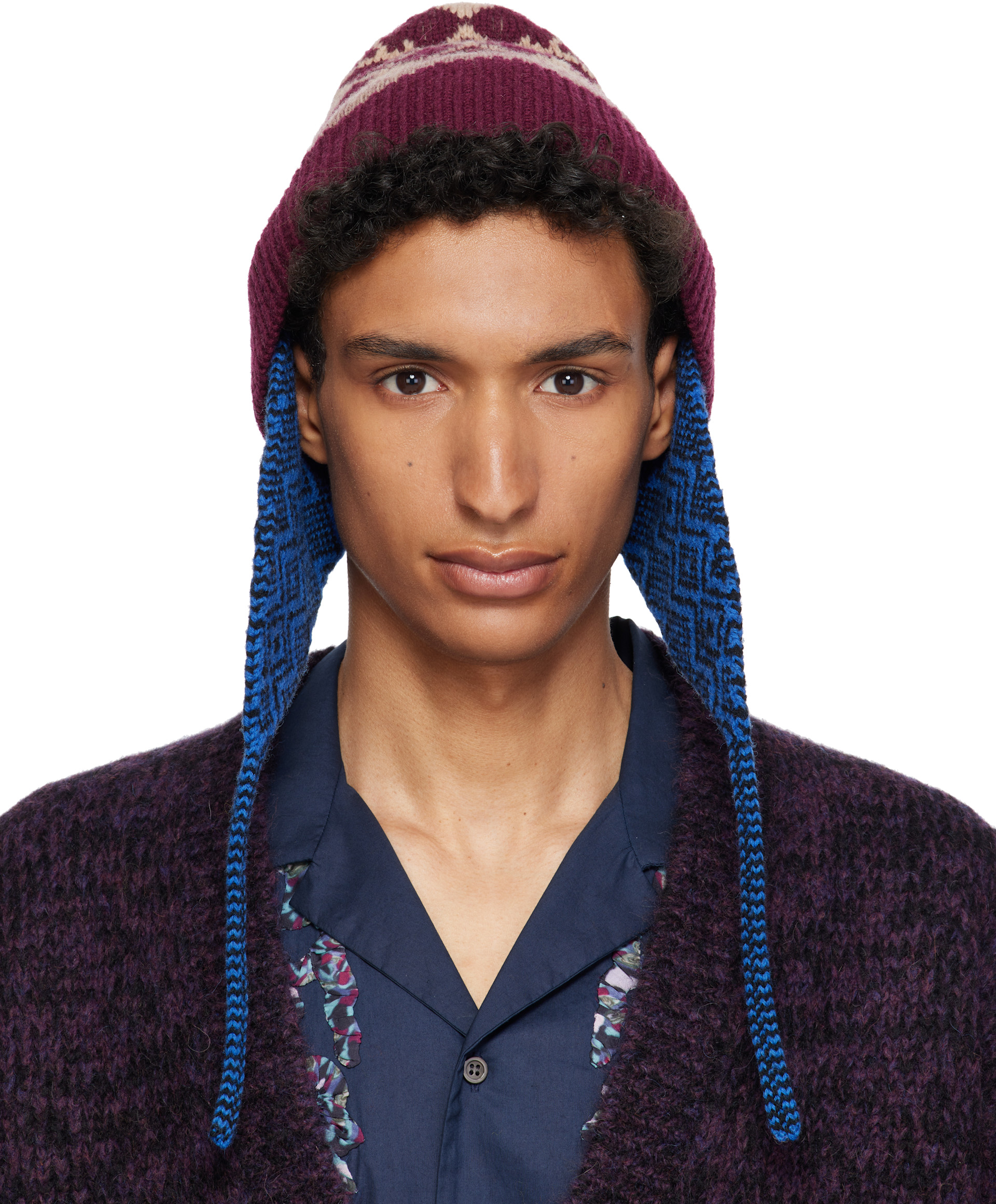 Dries Van Noten: バーガンディ＆ブルー ジャカード ウール ビーニー