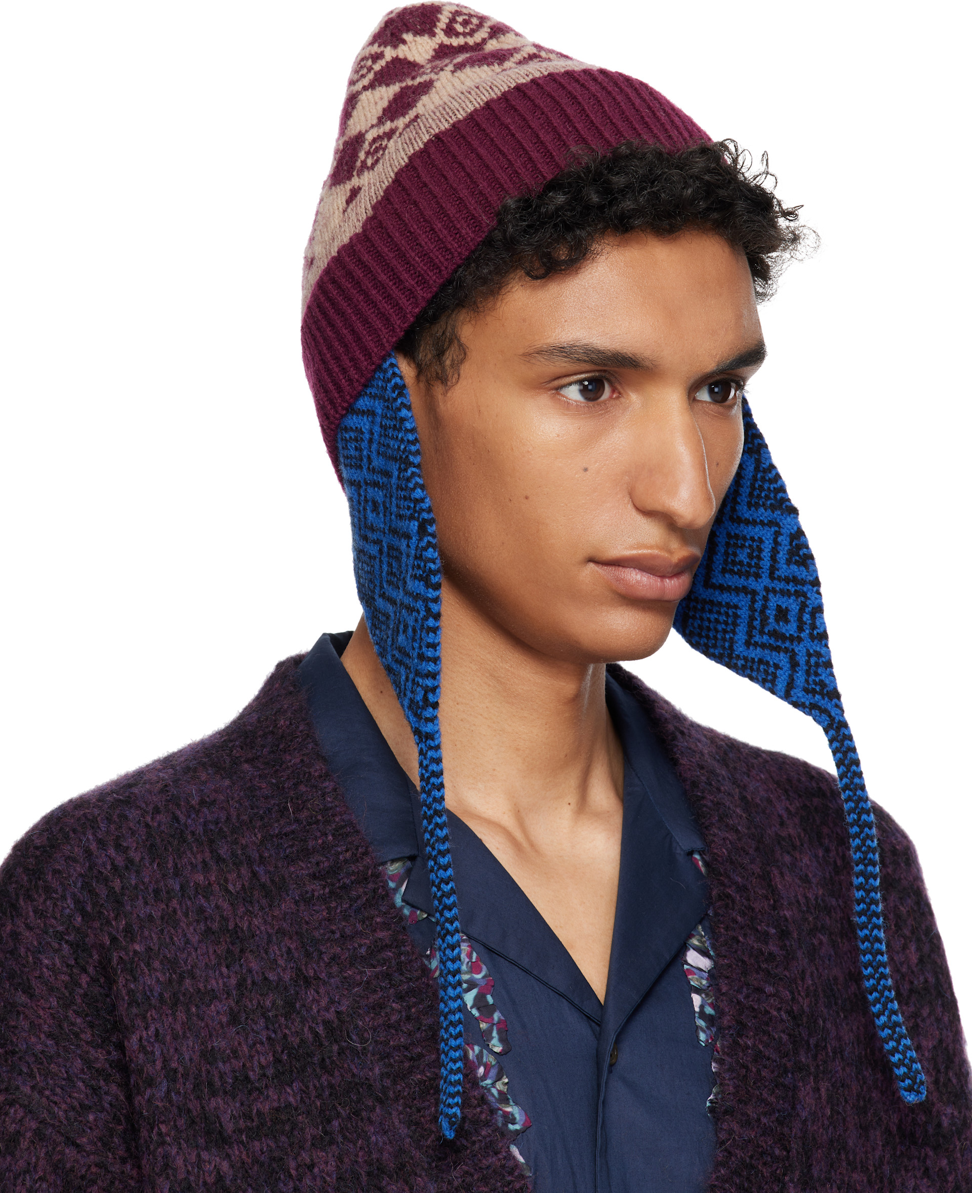 Dries Van Noten: バーガンディ＆ブルー ジャカード ウール ビーニー