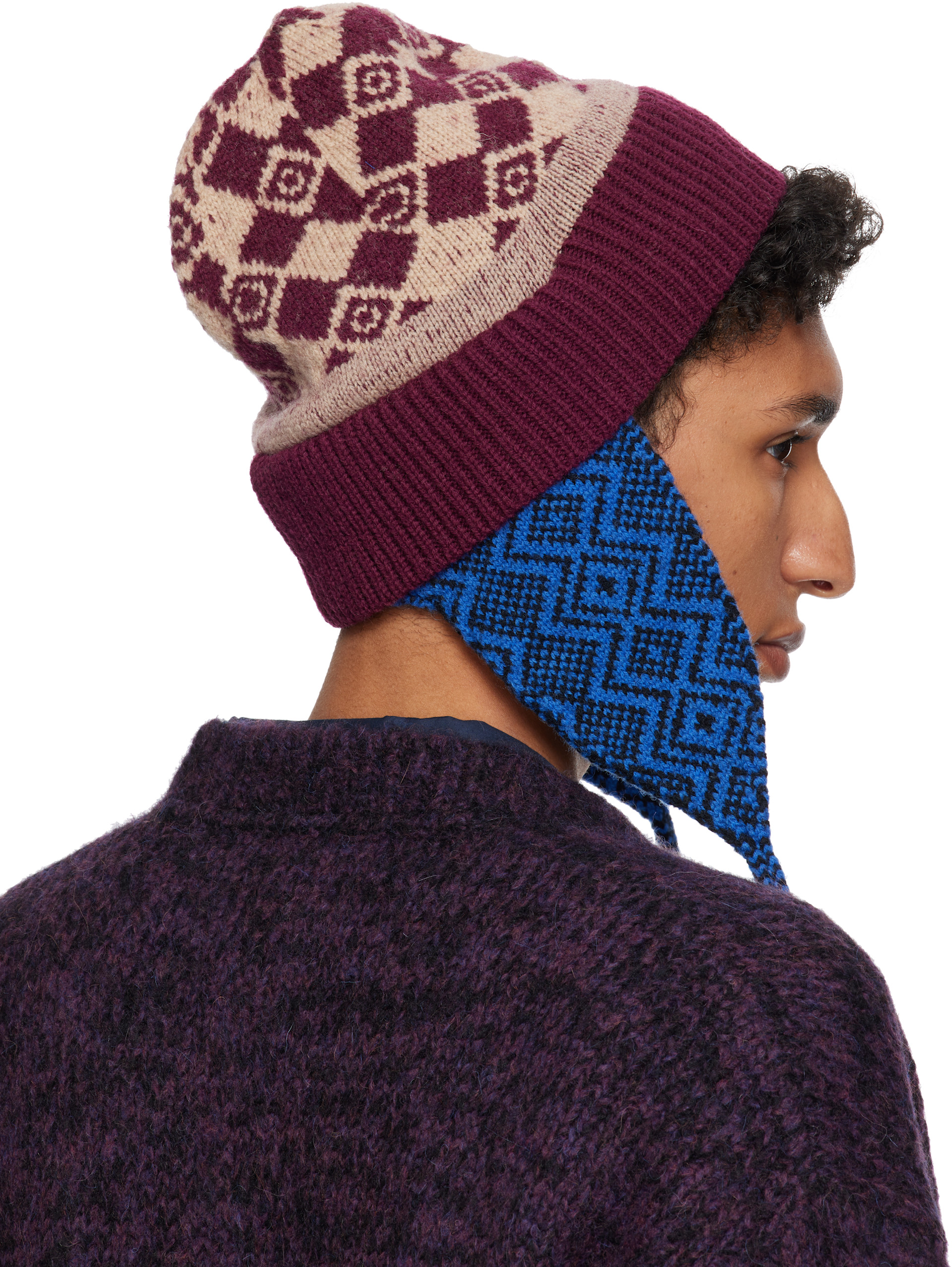 DRIES VAN NOTEN ブラックセルフタイビーニー Dries Van Noten: バーガンディ＆ブルー ジャカード ウール ビーニー